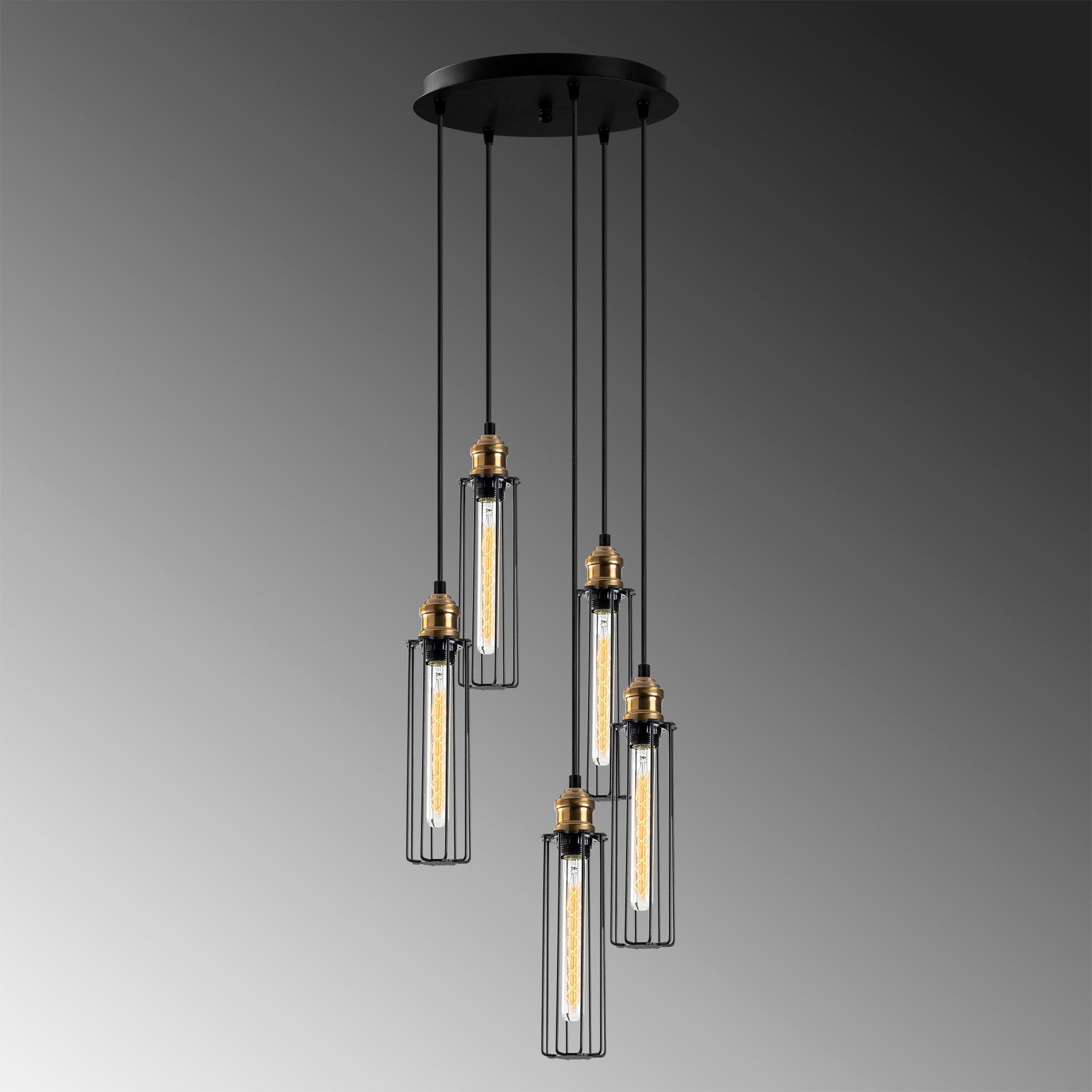 Candeeiro de Teto Preto Elegante, 33 cm de Diâmetro, 123 cm de Altura | Altura Ajustável, Corpo de Ferro, 5 x E27 Máx. 40 W | Iluminação Elegante para Espaços Modernos