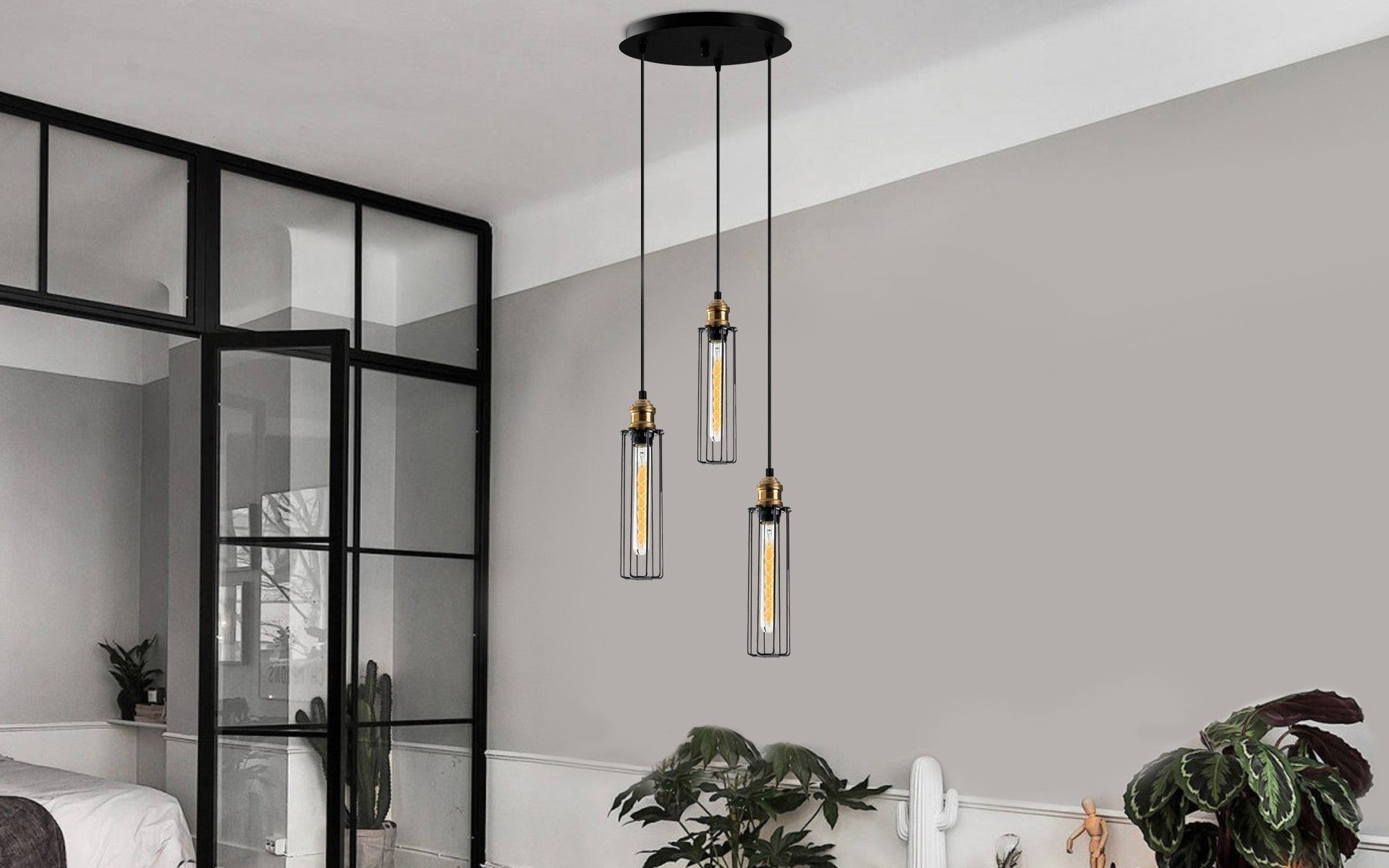 Candeeiro de Teto preto elegante, corpo de metal, 33 cm de diâmetro, 123 cm de altura | Altura ajustável, 3 x E27 máx. 40 W | Inclui instruções de instalação, design moderno