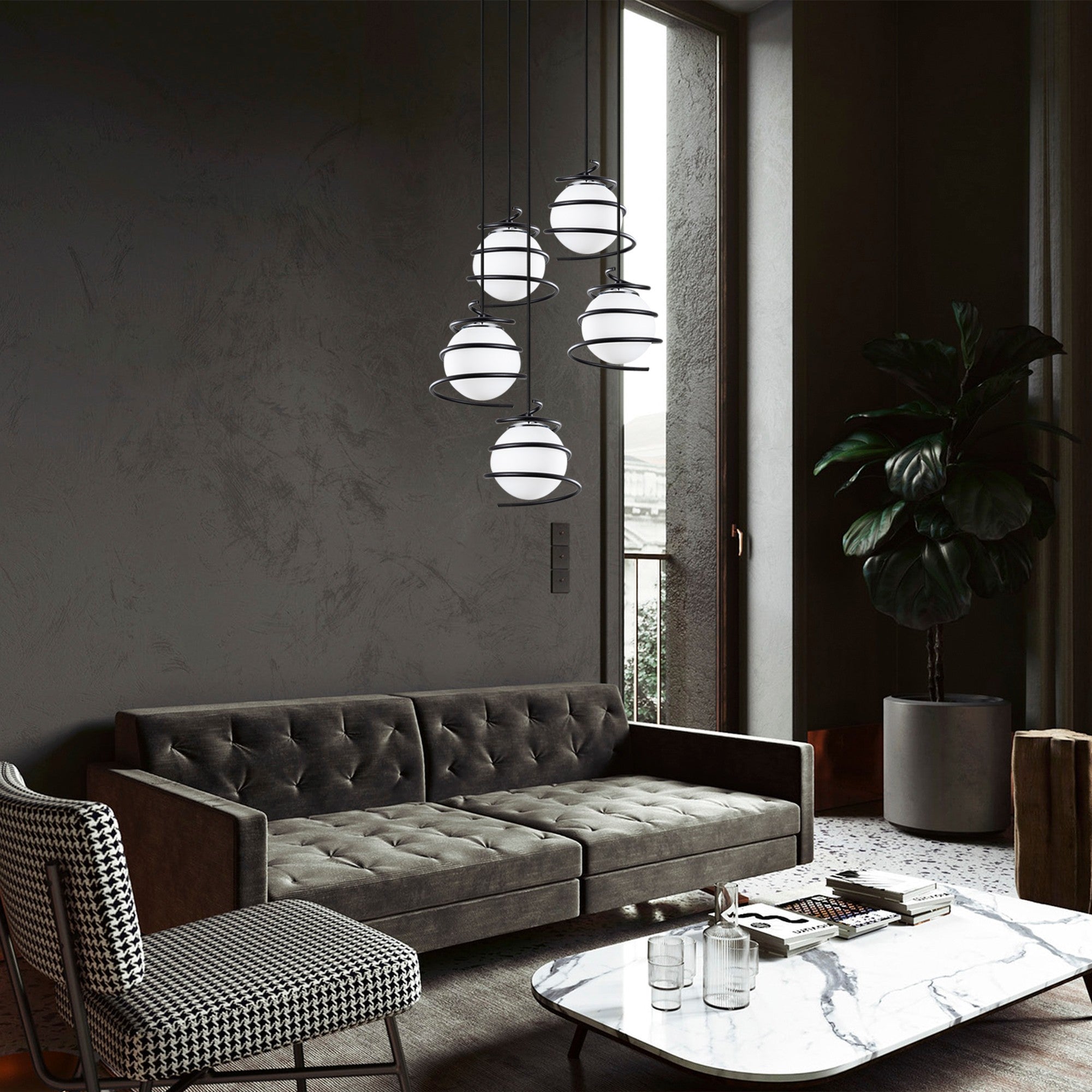 Candeeiro de Teto Industrial, Corpo em Metal Preto, 50 cm de Diâmetro, 116 cm de Altura | Altura Ajustável, 5 Soquetes E27, IP20 | Design Inspirado no Espaço Sideral