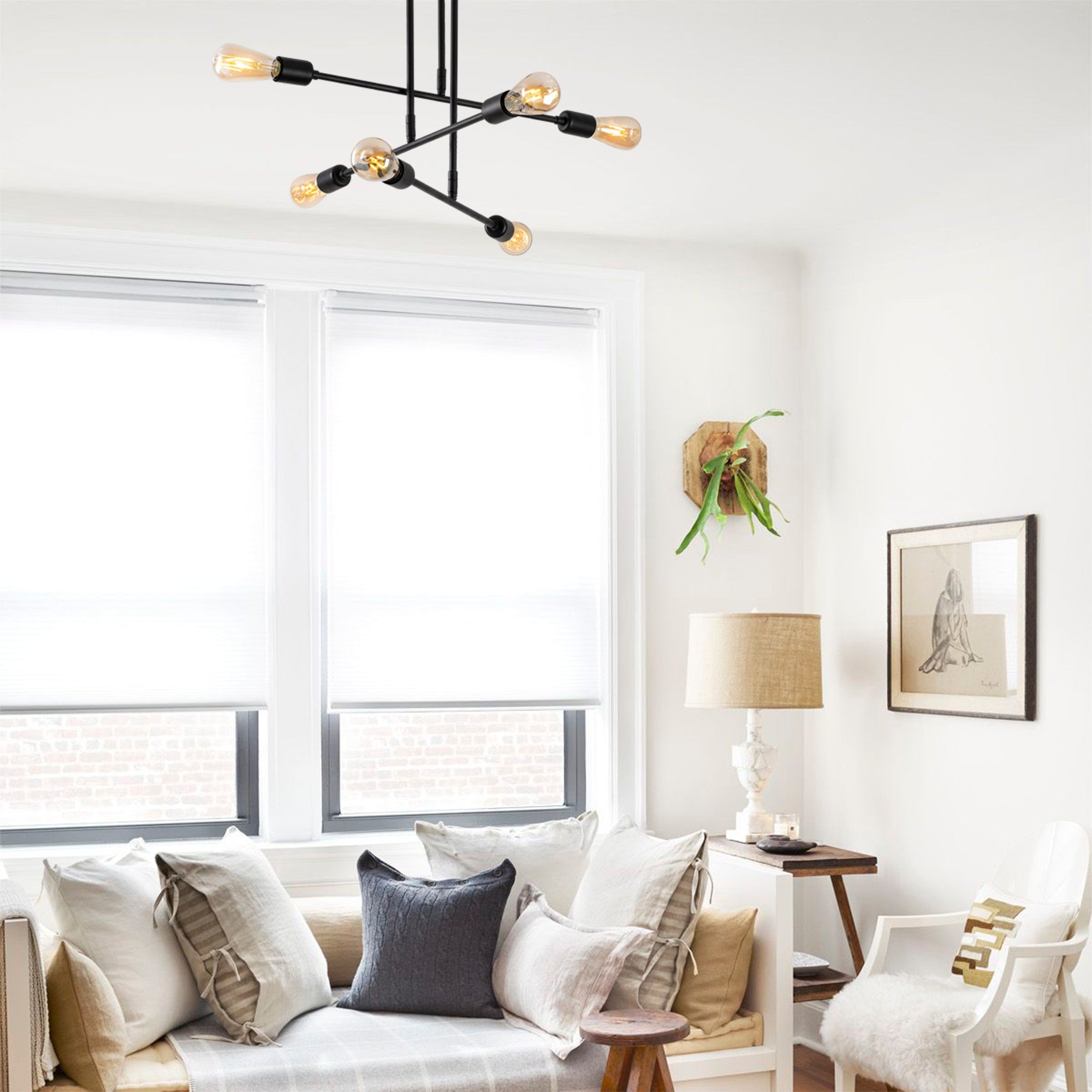 Candeeiro de Teto Industrial Preto, 75 x 75 cm, Altura 50 cm | Corpo em Ferro, 6 x E27 máx. 40 W | Design Elegante em Cor Sólida para Espaços Modernos, Classificação IP20