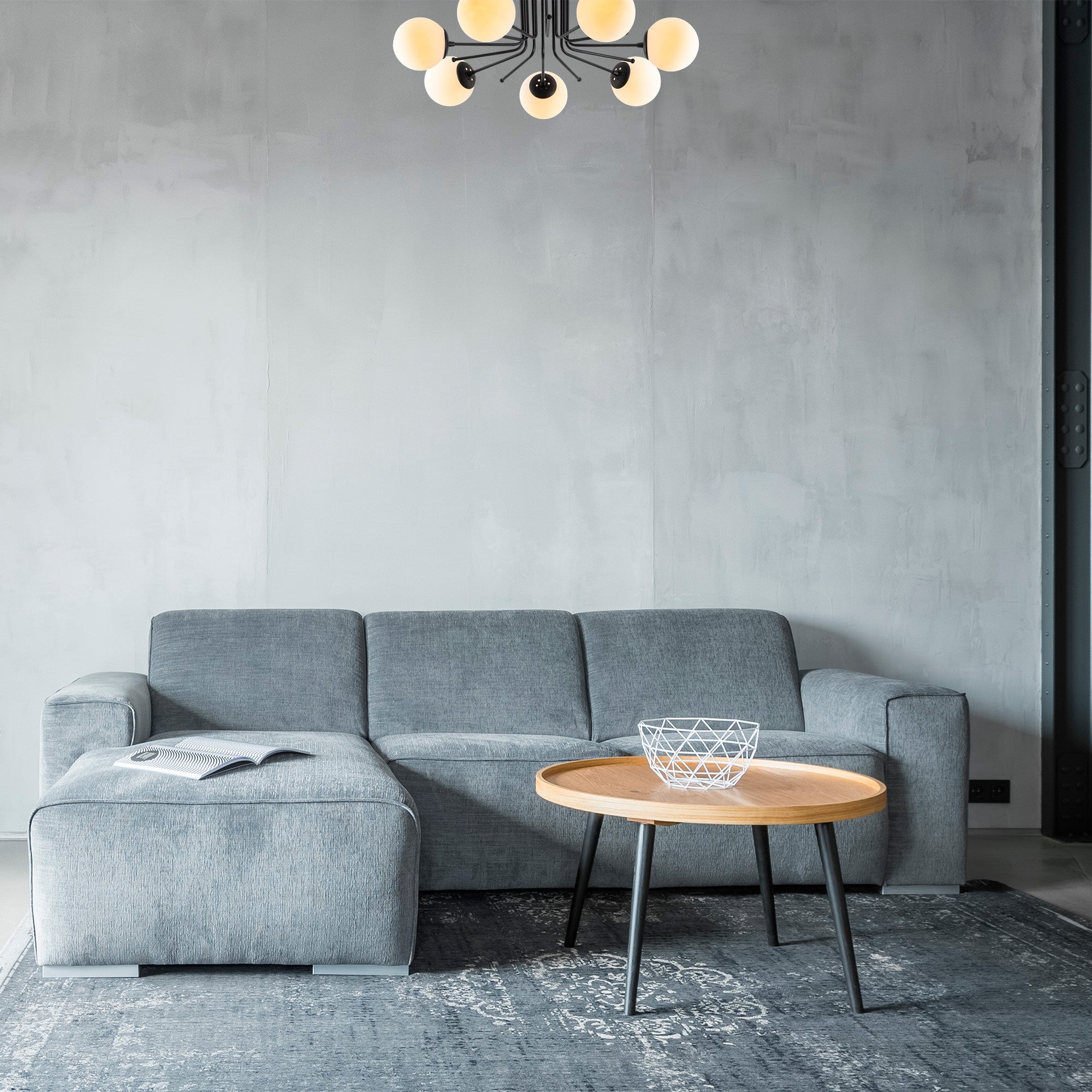 Candeeiro de Teto Industrial Escandinavo, Corpo em Metal Preto, 90 cm de Diâmetro, 35 cm de Altura | 7 x E27 Máx. 40 W | Iluminação Elegante para Espaços Modernos