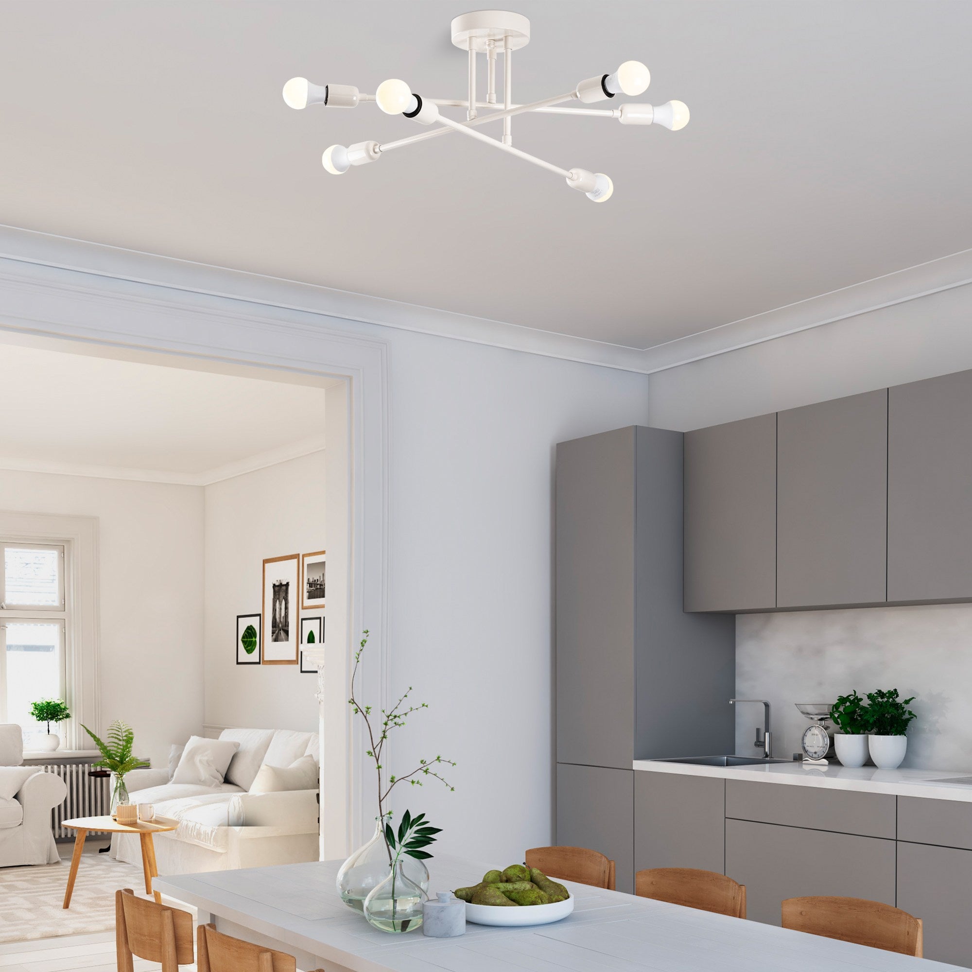 Candeeiro de Teto Elegante em Creme, Corpo em Ferro, 64 x 64 cm, Altura 30 cm, E27 Máx. 40 W, Inclui Instruções de Instalação | Iluminação Elegante para Espaços Modernos