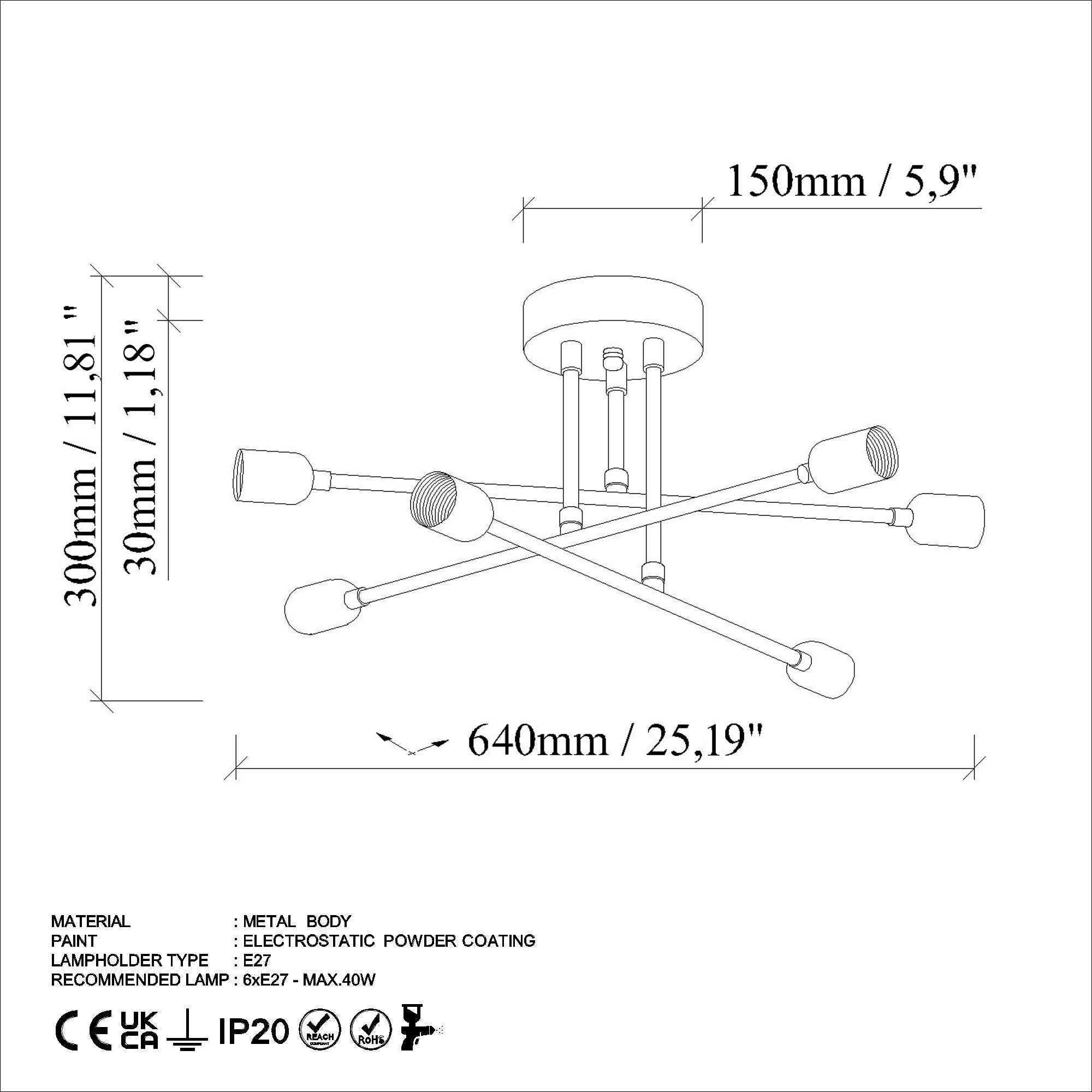 Candeeiro de Teto Elegante em Creme, Corpo em Ferro, 64 x 64 cm, Altura 30 cm, E27 Máx. 40 W, Inclui Instruções de Instalação | Iluminação Elegante para Espaços Modernos