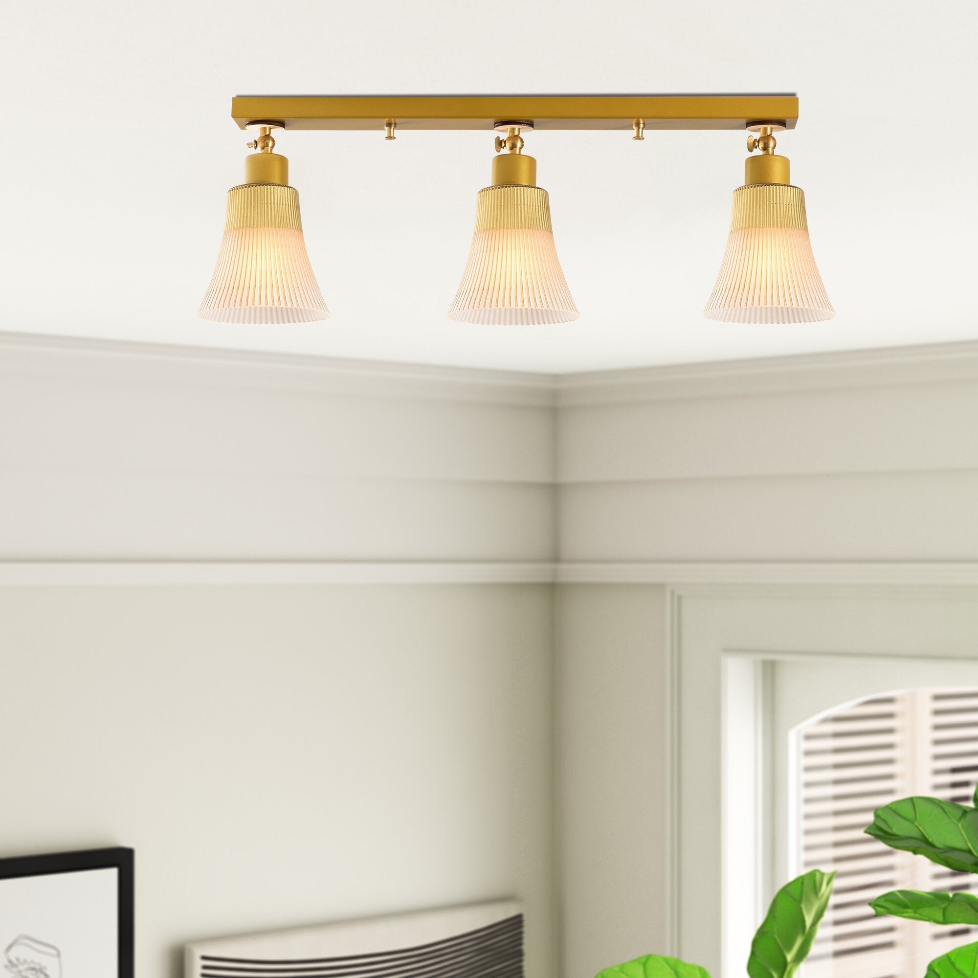 Candeeiro de Teto elegante de ouro, corpo de metal e base de madeira, 62 cm de diâmetro, 22 cm de altura | 3 soquetes E27, design escandinavo moderno para espaços glamorosos