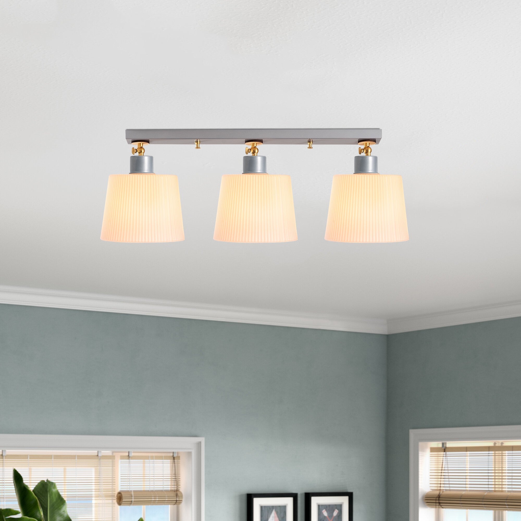 Candeeiro de Teto Escandinavo Elegante, Acabamento Prateado, 68 cm de Diâmetro | Corpo em MDF, Tampa de Vidro, 3 Soquetes E27 | Iluminação Moderna para Casa e Escritório