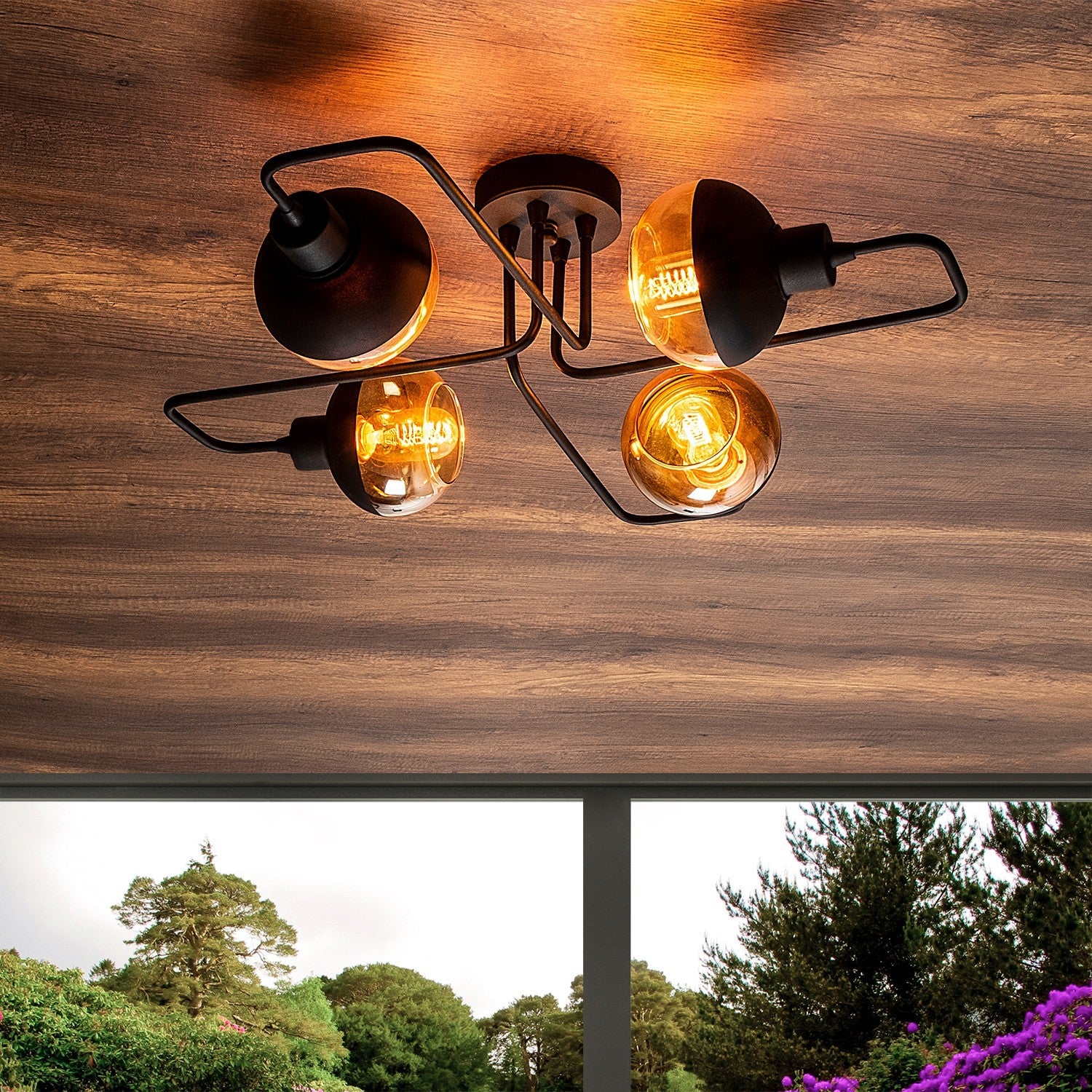 Candeeiro de Teto Industrial Preto, Corpo em Metal, 72 cm de Diâmetro, 22 cm de Altura | 4 x E27 Máx. 40 W | Tampa de Vidro Elegante | Perfeito para Espaços Modernos, Classificação IP20