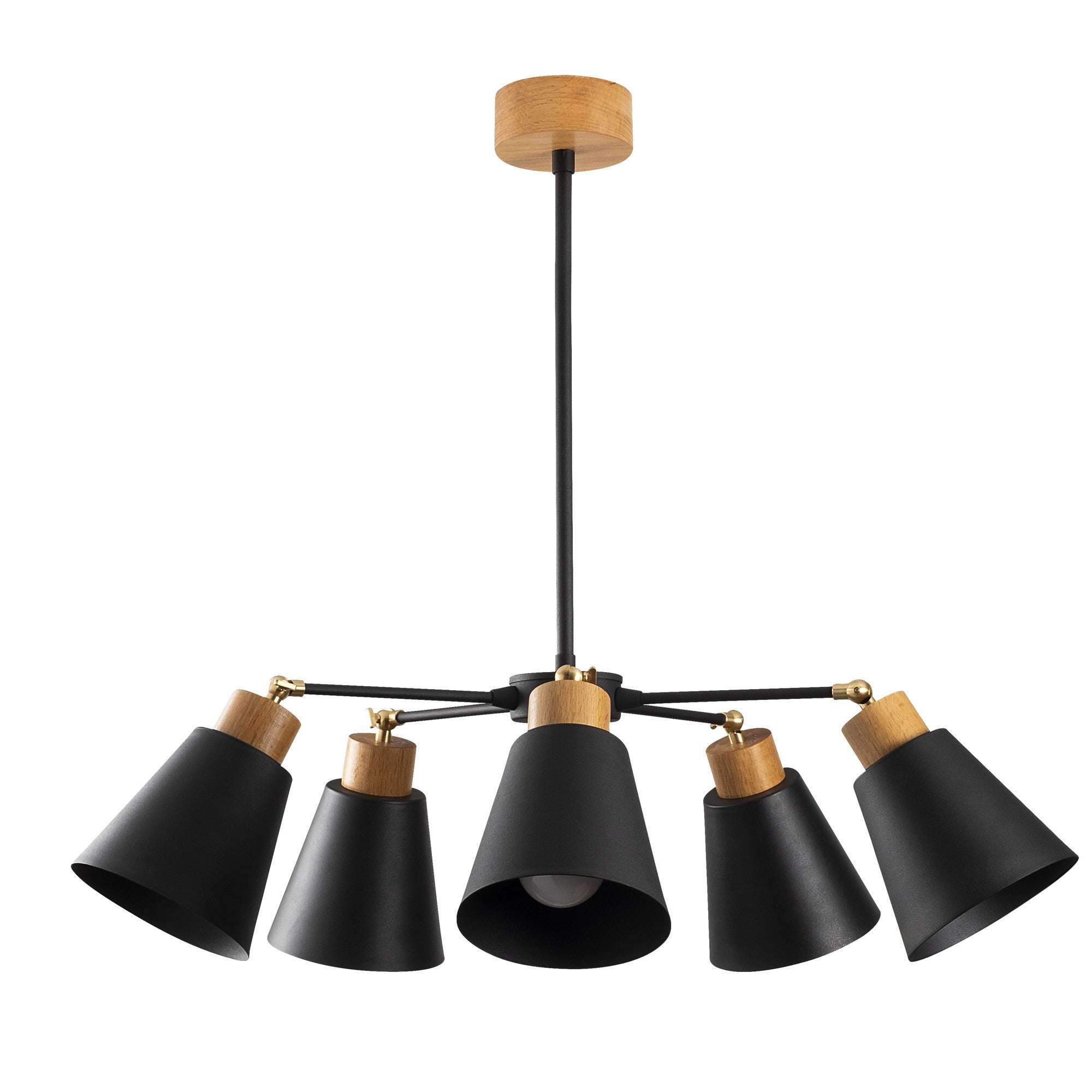 Candeeiro de Teto Industrial Moderno, Corpo em Metal Preto com Base em Madeira, 58 cm de Diâmetro, 68 cm de Altura | 5 x E27 Máx. 40 W | Design Escandinavo Elegante para Casa e Escritório