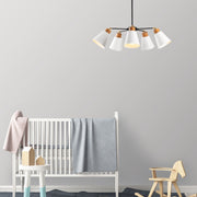 Candeeiro de Teto Escandinavo, Metal Branco e Base de Madeira, 58 cm de Diâmetro, 68 cm de Altura | 5 x E27 Máx. 40 W | Iluminação Elegante para Espaços Modernos