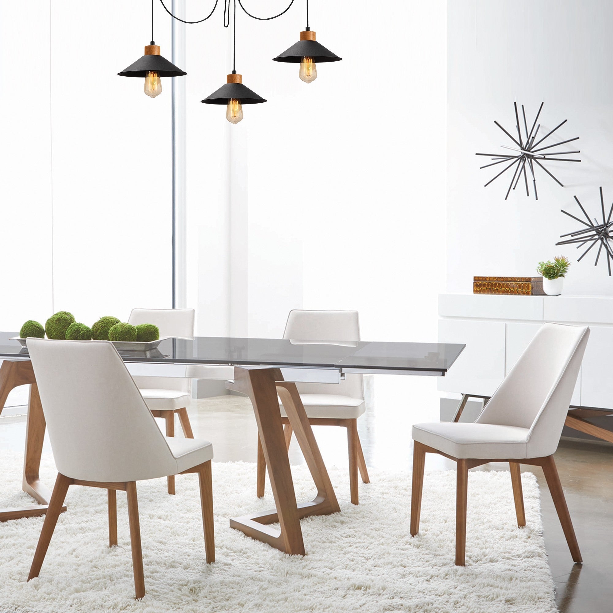 Candeeiro de Teto Industrial Moderno, Metal Preto e Base de Madeira, 114 cm de Diâmetro, Altura Ajustável, 3 Soquetes E27 | Iluminação Elegante para Casa e Escritório