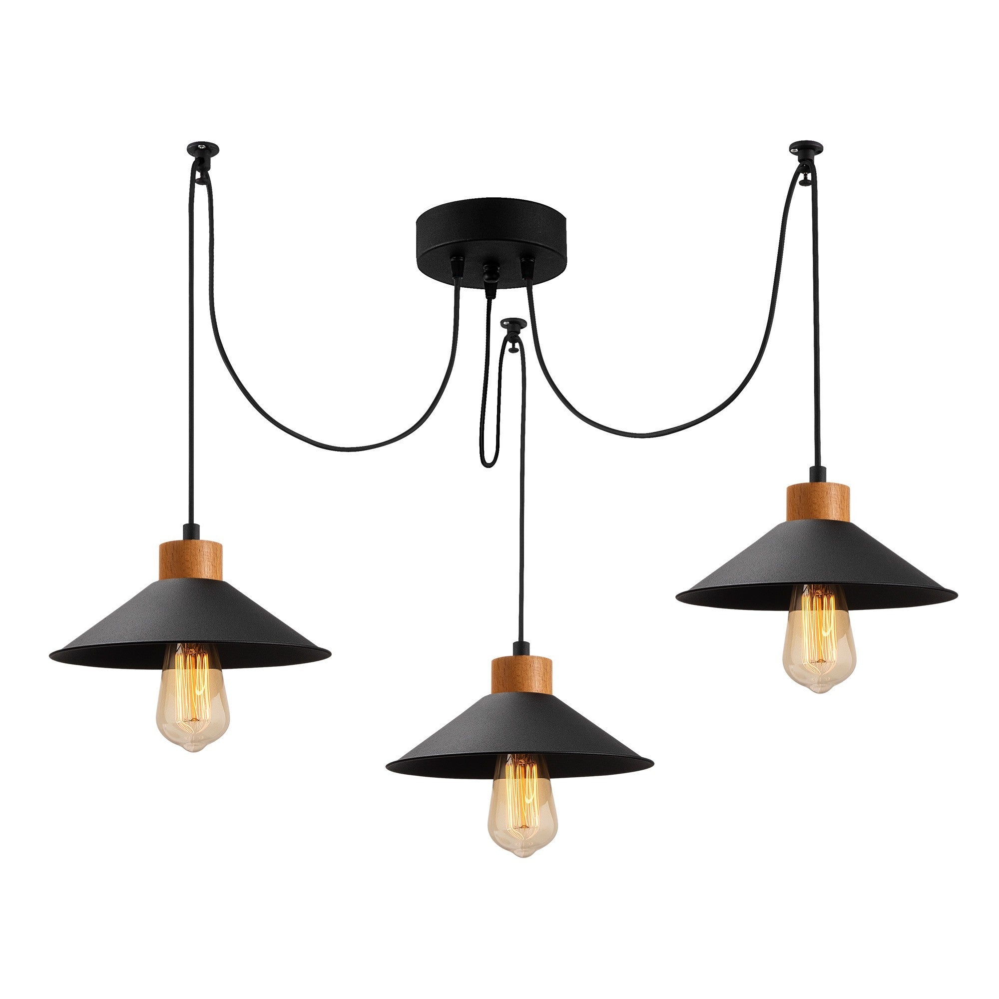 Candeeiro de Teto Industrial Moderno, Metal Preto e Base de Madeira, 114 cm de Diâmetro, Altura Ajustável, 3 Soquetes E27 | Iluminação Elegante para Casa e Escritório