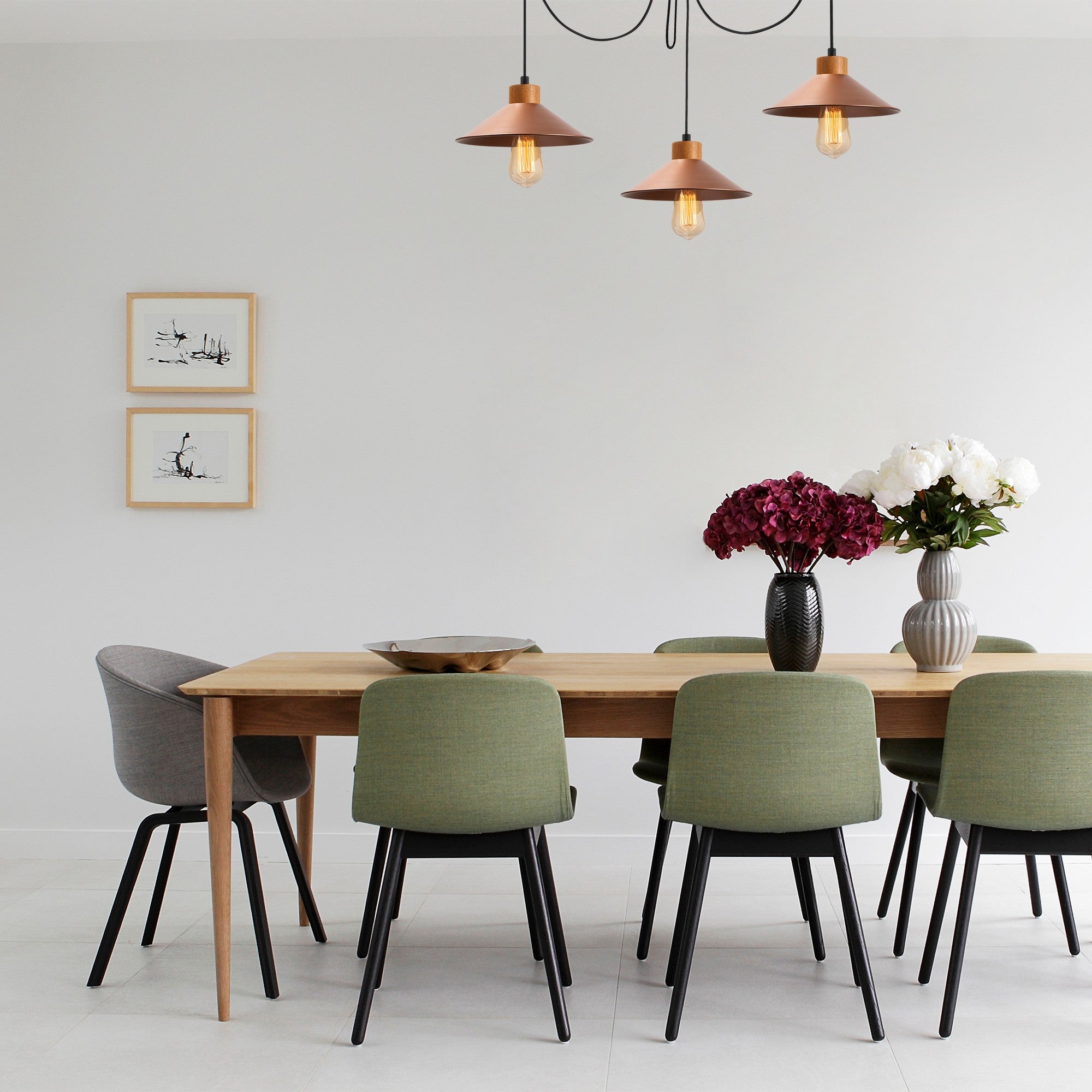 Candeeiro de Teto moderno de cobre, corpo de metal com base de madeira, 114 x 24 cm, altura ajustável, 3 soquetes E27, design industrial/escandinavo elegante