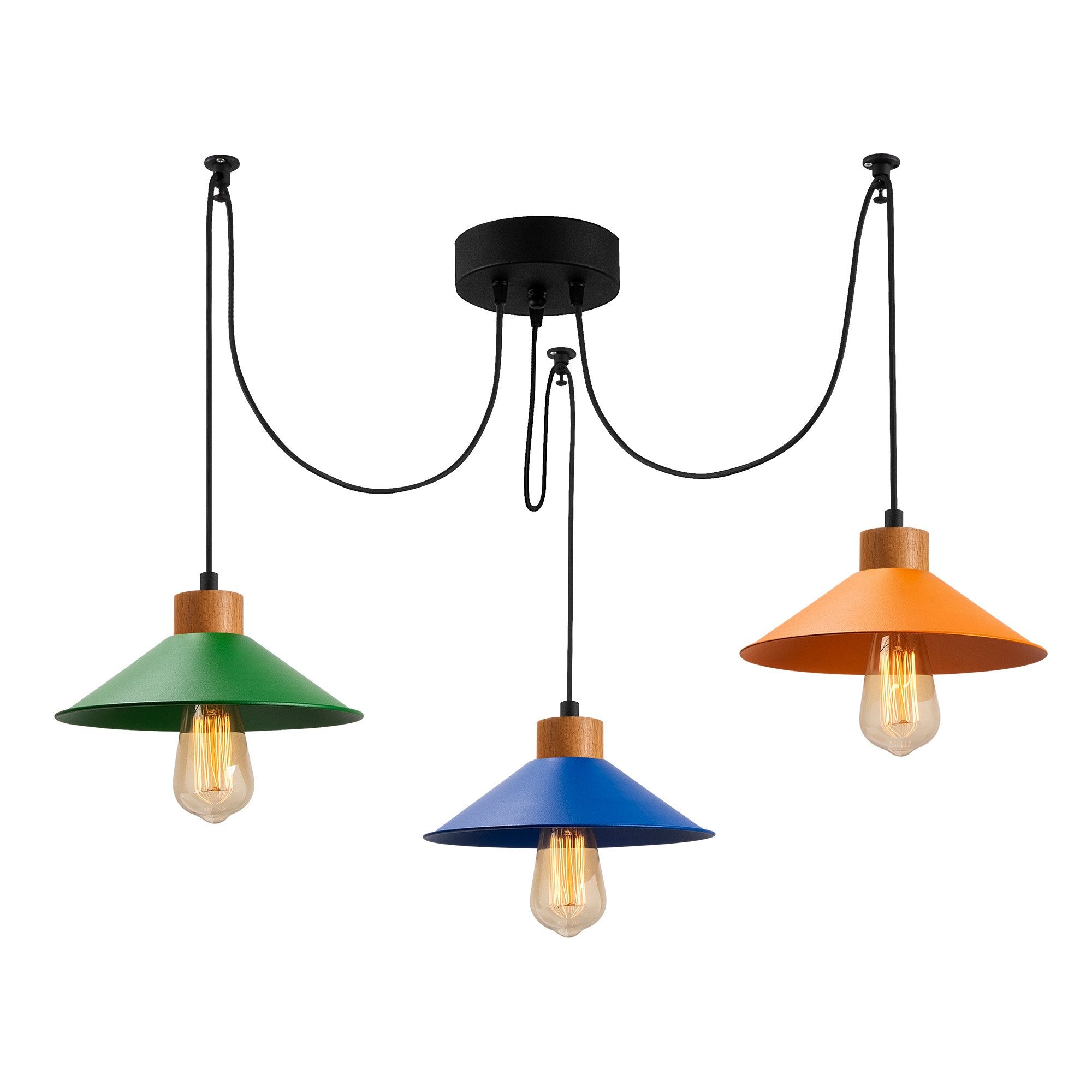 Candeeiro de Teto moderno com corpo de ferro e base de madeira de carpa, 114 x 24 cm, altura ajustável, 3 soquetes E27, design elegante para casa e escritório | IP20