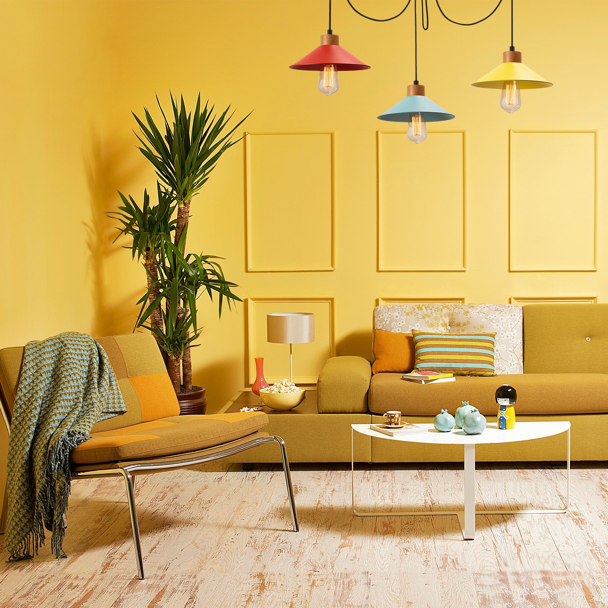 Candeeiro de Teto moderno com corpo de metal e base de madeira, 114 x 24 cm, altura ajustável, 3 soquetes E27, design elegante para casa e escritório