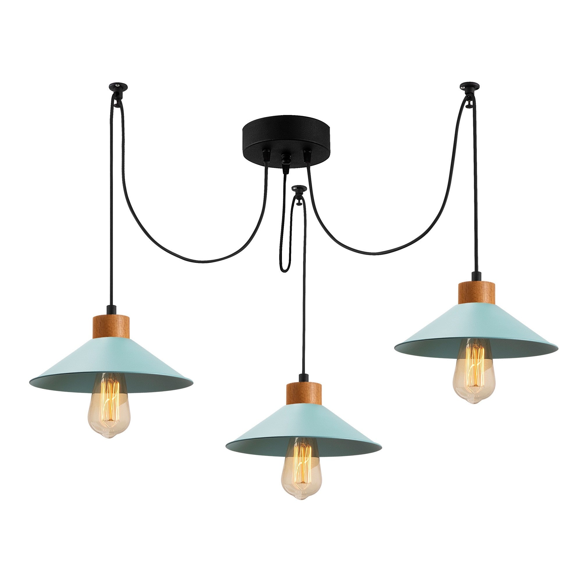 Candeeiro de Teto moderno turquesa, corpo de metal com base de madeira, 114 x 24 cm | Altura ajustável, 3 soquetes E27, design elegante para decoração de casa