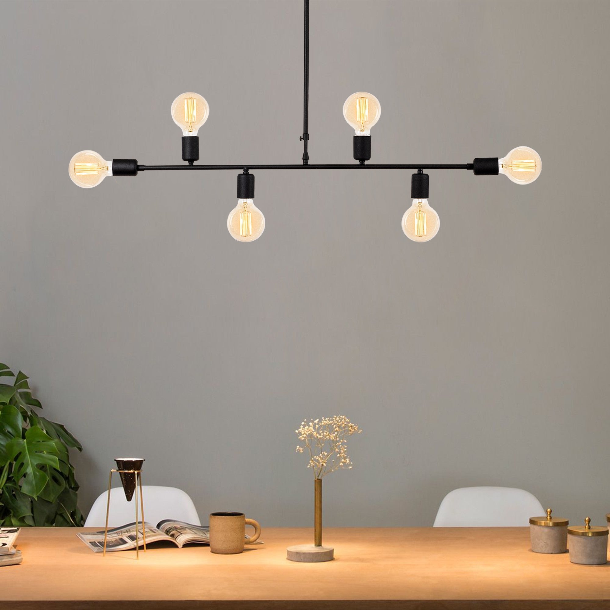 Candeeiro de Teto Industrial Preto, 94 cm de diâmetro, 61 cm de altura | Corpo de metal, 6 soquetes E27, design moderno | Perfeito para iluminação residencial e comercial