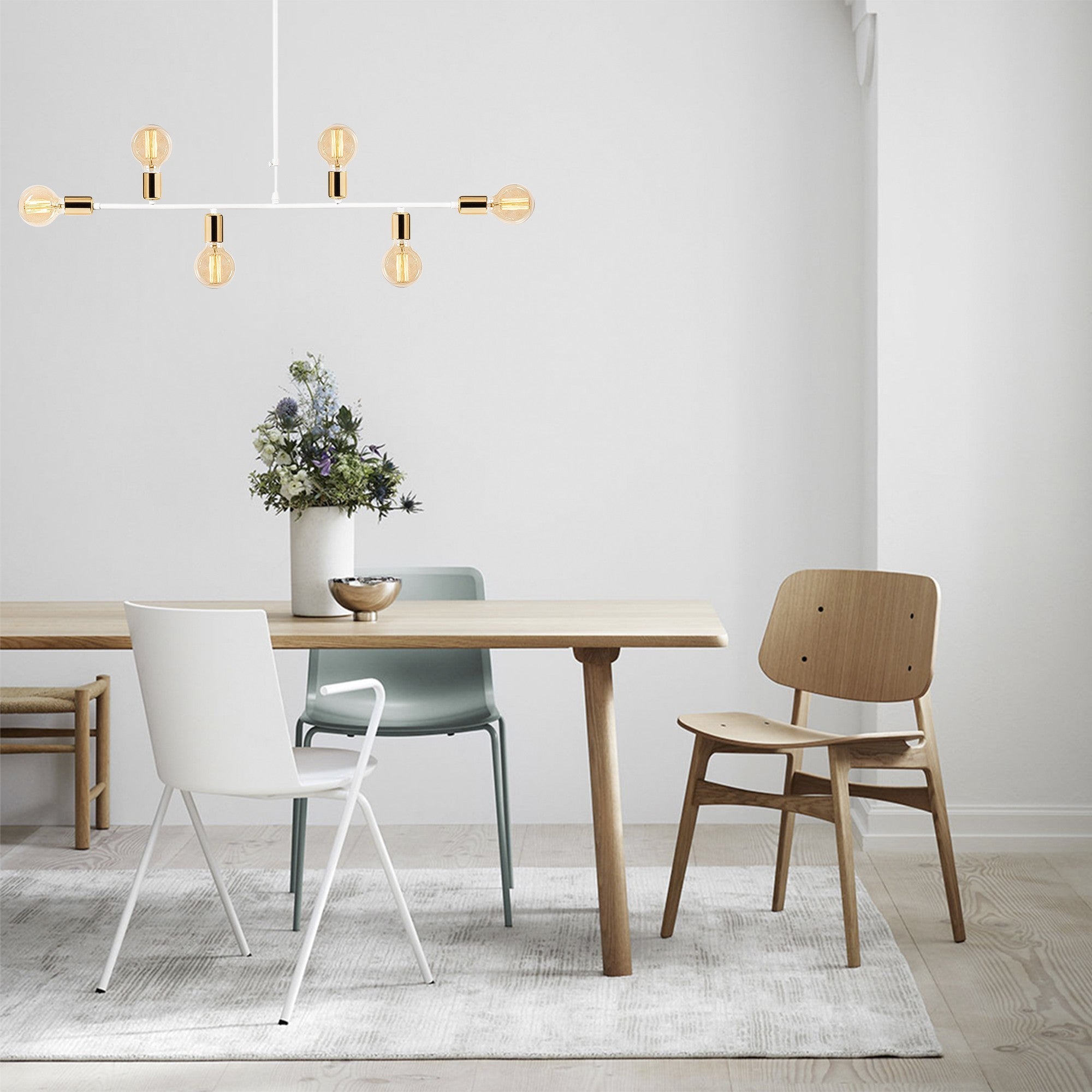 Candeeiro de Teto branco moderno, 94 cm de diâmetro, 61 cm de altura | Corpo de metal, 6 soquetes E27, design elegante para casa e escritório | Classificação IP20, iluminação elegante