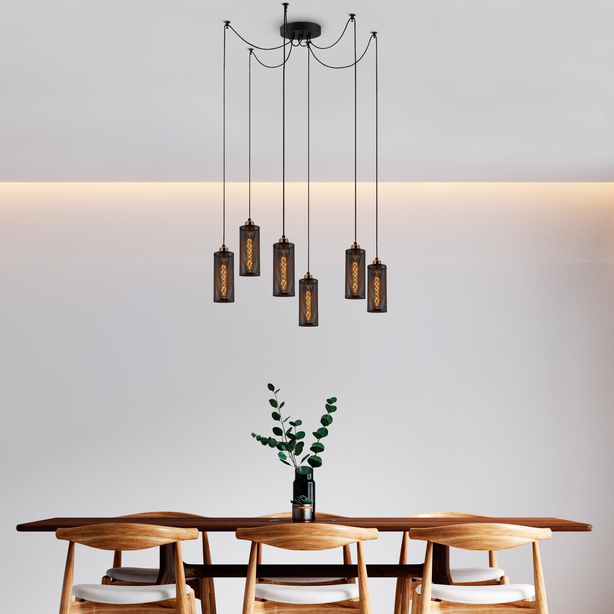 Candeeiro de Teto Industrial Moderno, Preto e Bronze, 130 x 10 cm, Altura 114 cm | Ajustável, 6 x E27 Máx. 40 W, Design Elegante para Casa e Escritório