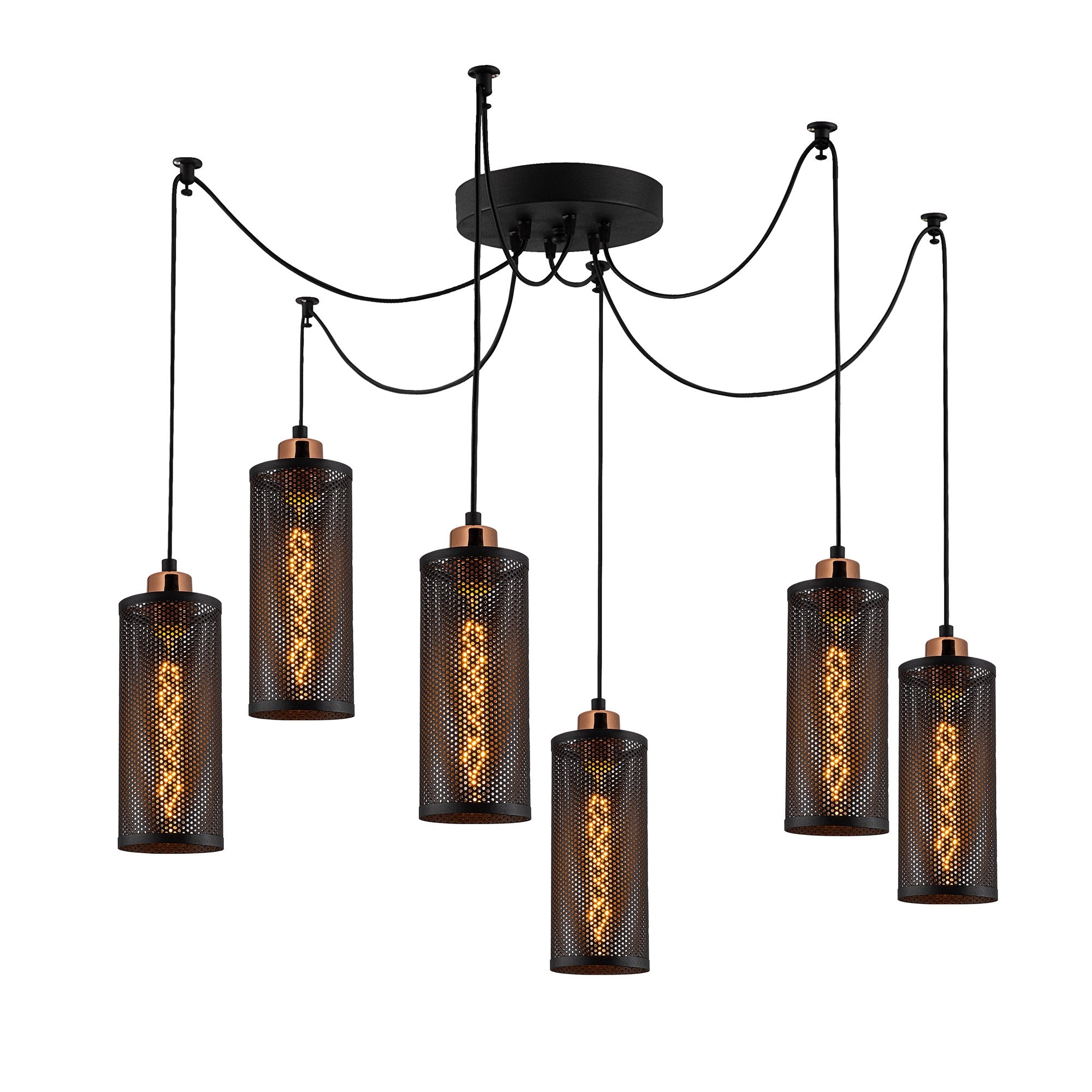 Candeeiro de Teto Industrial Moderno, Preto e Bronze, 130 x 10 cm, Altura 114 cm | Ajustável, 6 x E27 Máx. 40 W, Design Elegante para Casa e Escritório
