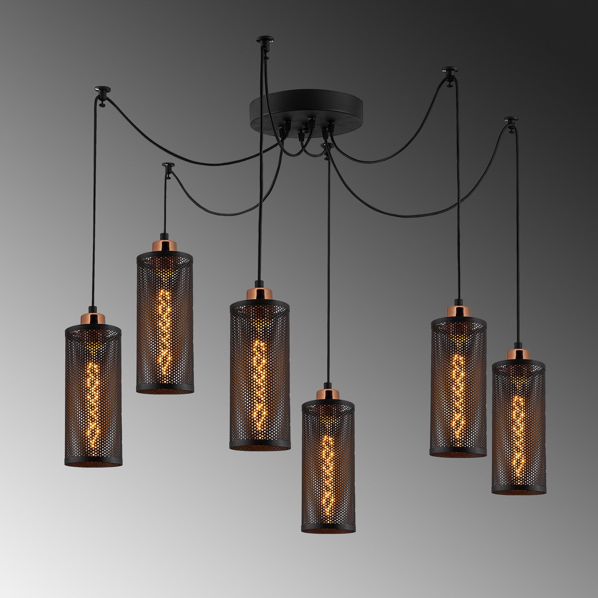 Candeeiro de Teto Industrial Moderno, Preto e Bronze, 130 x 10 cm, Altura 114 cm | Ajustável, 6 x E27 Máx. 40 W, Design Elegante para Casa e Escritório