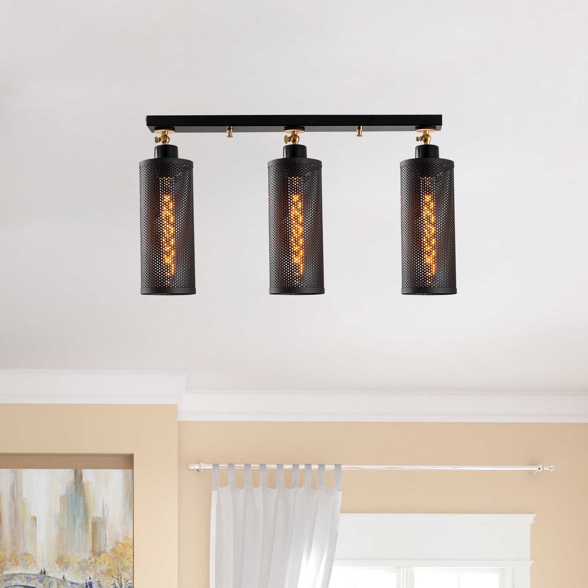 Candeeiro de Teto Industrial Moderno, Preto e Dourado, 66 x 10 cm, Altura: 33 cm | Corpo de Metal, 3 Soquetes E27, Design Elegante para Casa e Escritório