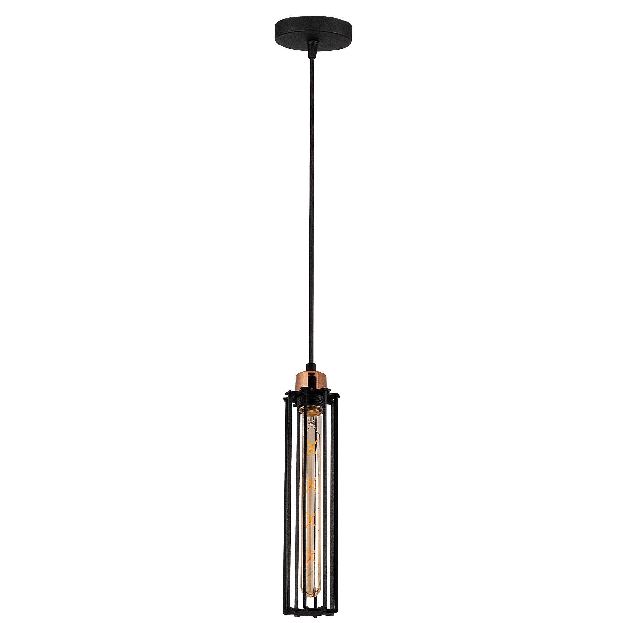 Candeeiro de Teto Industrial Preto, Corpo em Metal, 10 cm de Diâmetro, 124 cm de Altura | Soquete E27, Potência Máxima de 40 W | Iluminação Elegante para Espaços Modernos, Classificação IP20