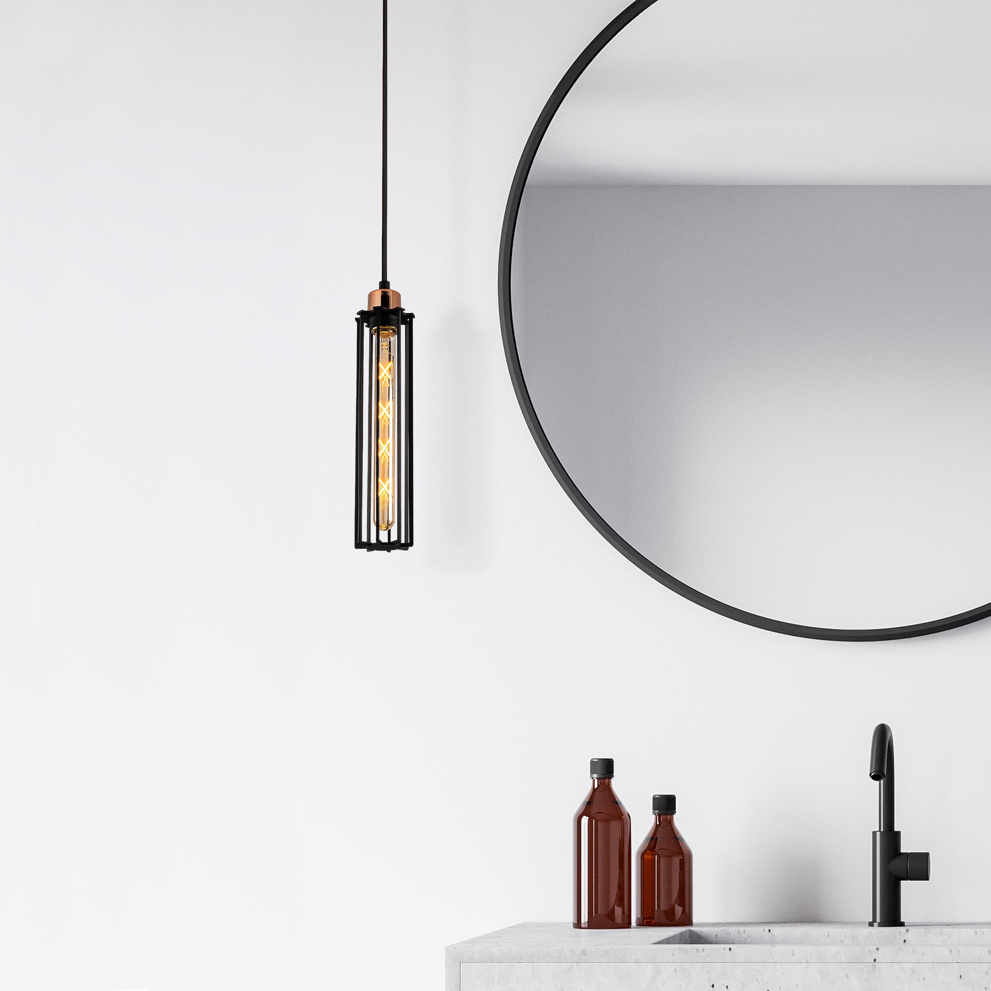 Candeeiro de Teto elegante em preto e bronze, 49 cm de diâmetro, 124 cm de altura | Corpo em metal, soquete E27, cabo de 180 cm | Design industrial escandinavo moderno