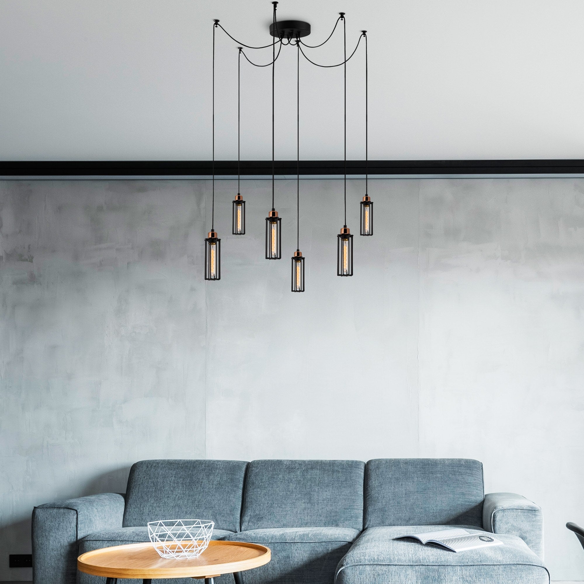 Candeeiro de Teto Industrial Preto, 128 cm de Diâmetro, 110 cm de Altura | Corpo em Metal, 6 Soquetes E27, Cabo de 180 cm | Iluminação Elegante para Espaços Modernos