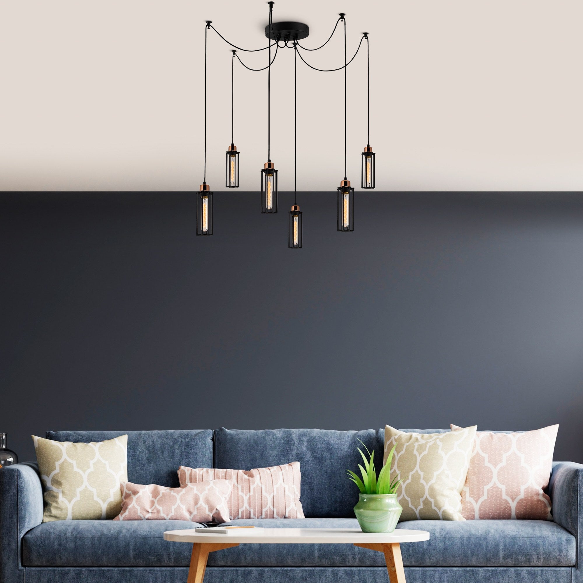 Candeeiro de Teto Industrial Preto, 128 cm de Diâmetro, 110 cm de Altura | Corpo em Metal, 6 Soquetes E27, Cabo de 180 cm | Iluminação Elegante para Espaços Modernos
