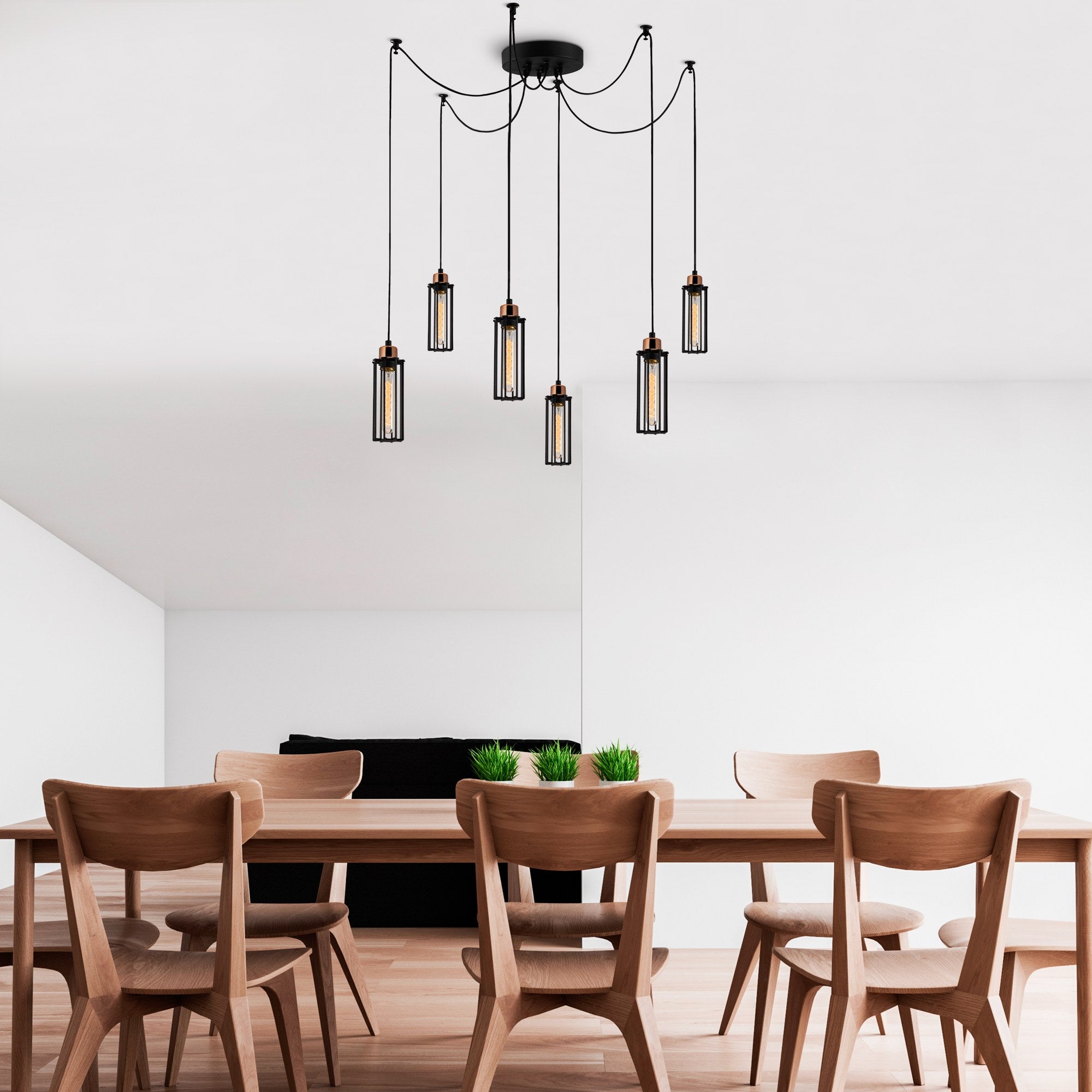 Candeeiro de Teto Industrial Preto, 128 cm de Diâmetro, 110 cm de Altura | Corpo em Metal, 6 Soquetes E27, Cabo de 180 cm | Iluminação Elegante para Espaços Modernos