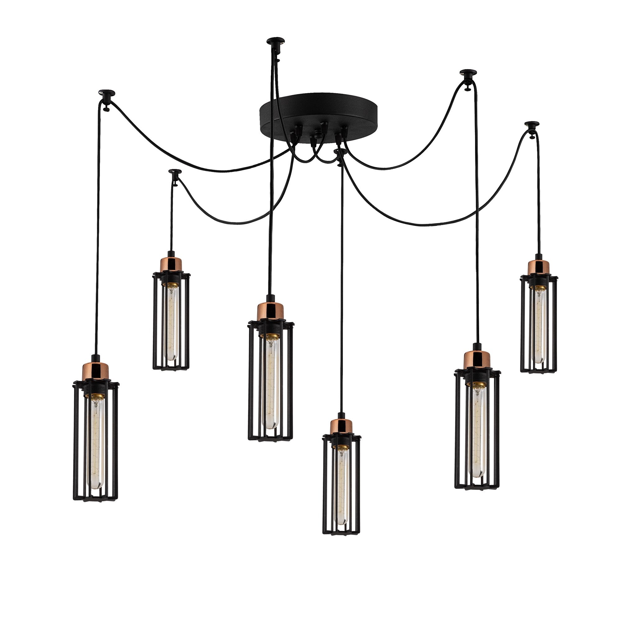 Candeeiro de Teto Industrial Preto, 128 cm de Diâmetro, 110 cm de Altura | Corpo em Metal, 6 Soquetes E27, Cabo de 180 cm | Iluminação Elegante para Espaços Modernos