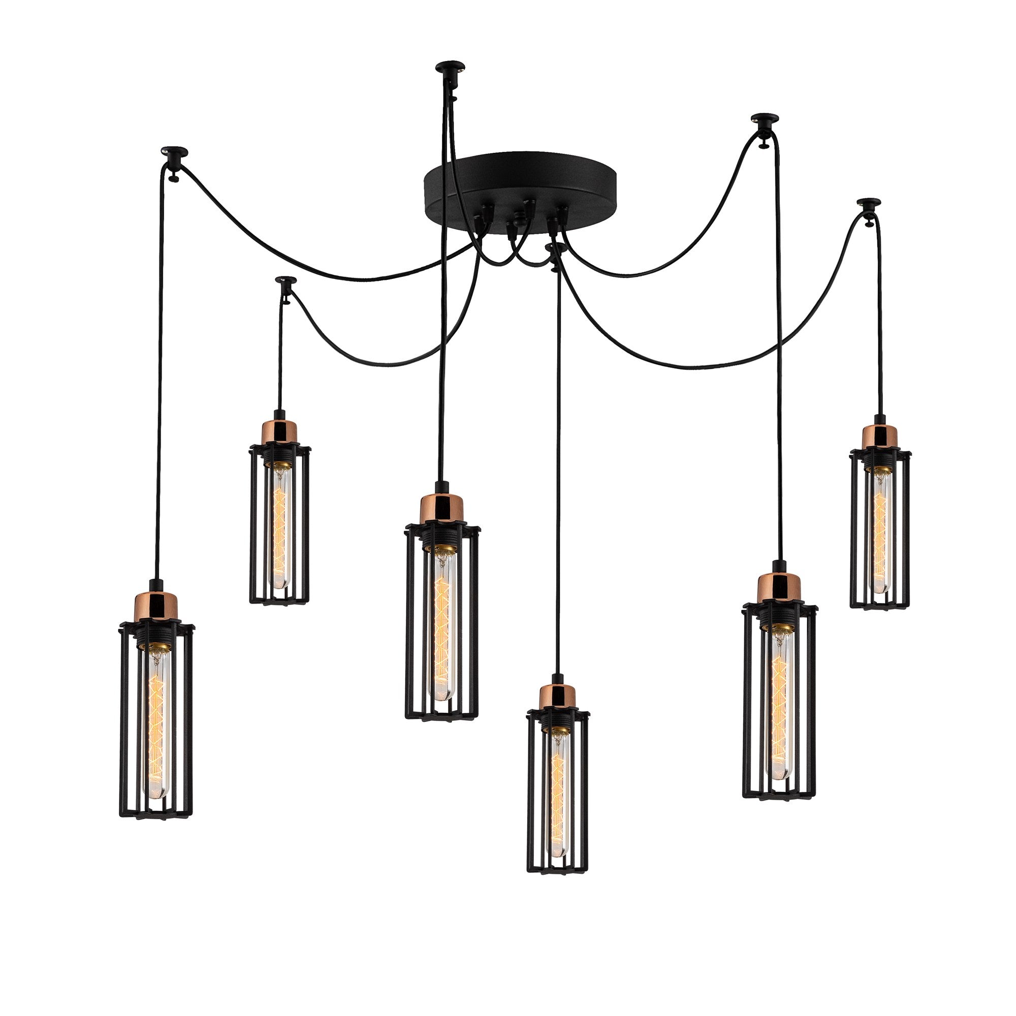Candeeiro de Teto Industrial Preto, 128 cm de Diâmetro, 110 cm de Altura | Corpo em Metal, 6 Soquetes E27, Cabo de 180 cm | Iluminação Elegante para Espaços Modernos