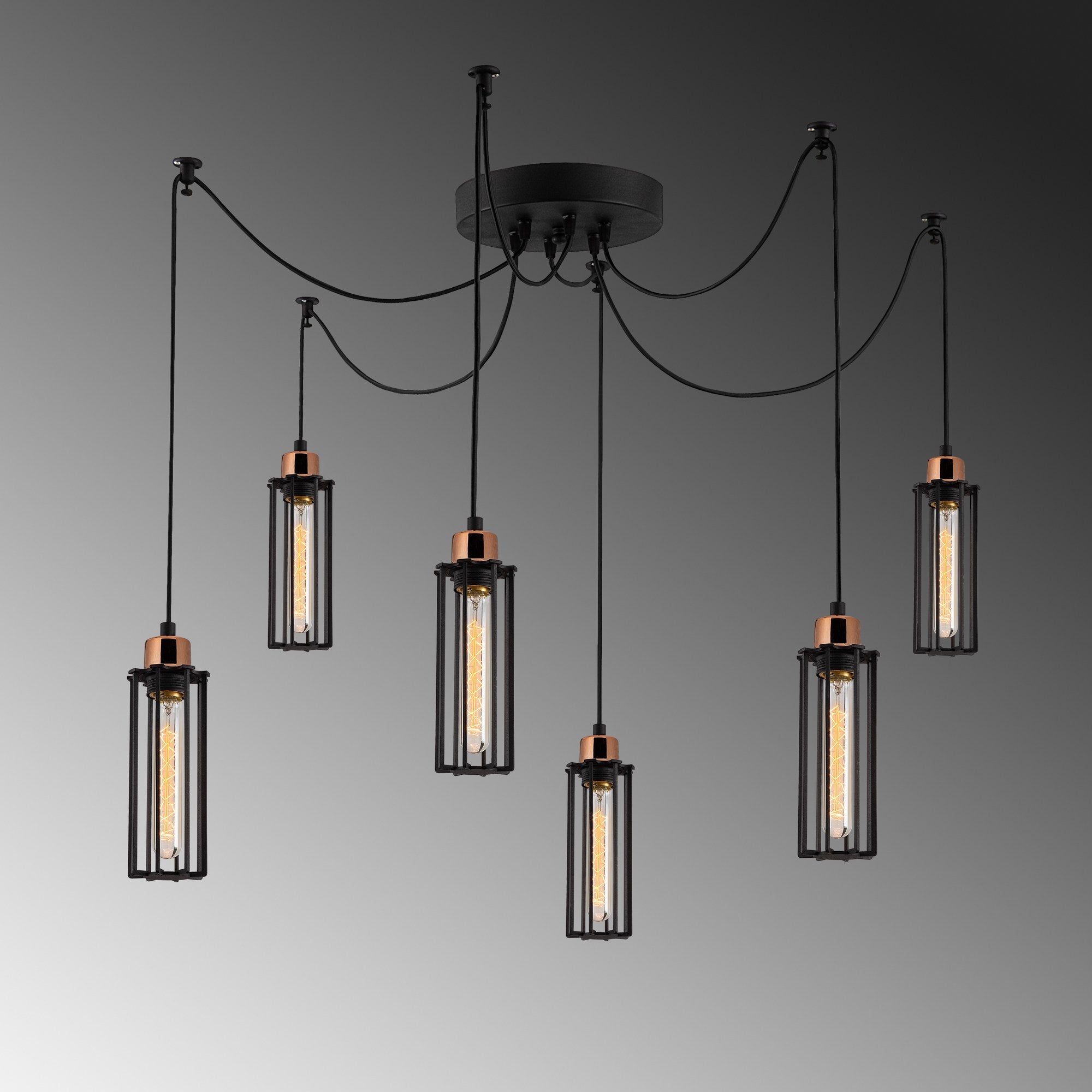 Candeeiro de Teto Industrial Preto, 128 cm de Diâmetro, 110 cm de Altura | Corpo em Metal, 6 Soquetes E27, Cabo de 180 cm | Iluminação Elegante para Espaços Modernos
