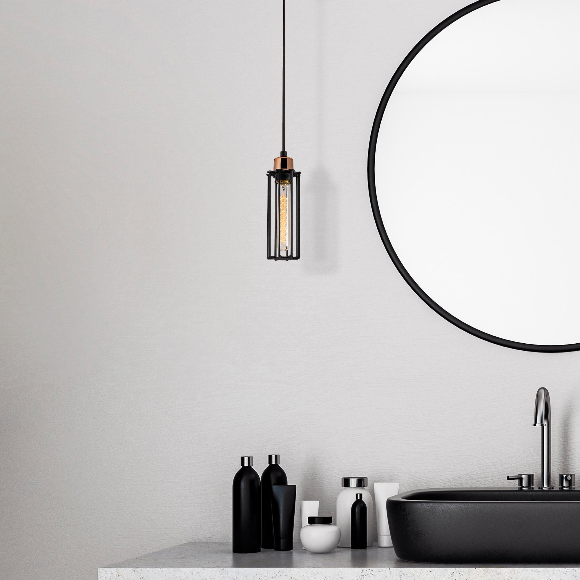 Candeeiro de Teto Industrial Moderno, Preto e Bronze, 10 cm de Diâmetro, 112 cm de Altura | Soquete E27, 40 W Máx., Cabo de 90 cm | Iluminação Elegante para Casa e Escritório