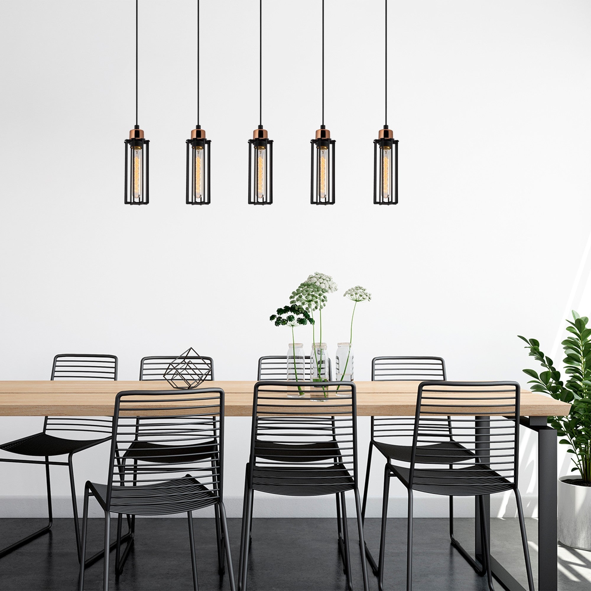 Candeeiro de Teto Industrial Preto, 80 cm de Diâmetro, 112 cm de Altura | Corpo em Metal, 5 Soquetes E27, IP20 | Iluminação Elegante para Espaços Modernos, Design Elegante