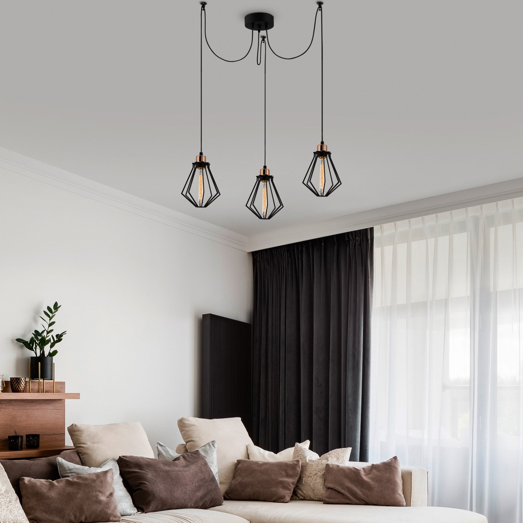 Candeeiro de Teto Industrial Preto, 108 cm de Diâmetro, 110 cm de Altura | Corpo de Metal, 3 Soquetes E27, Cabo de 180 cm | Iluminação Elegante para Espaços Modernos