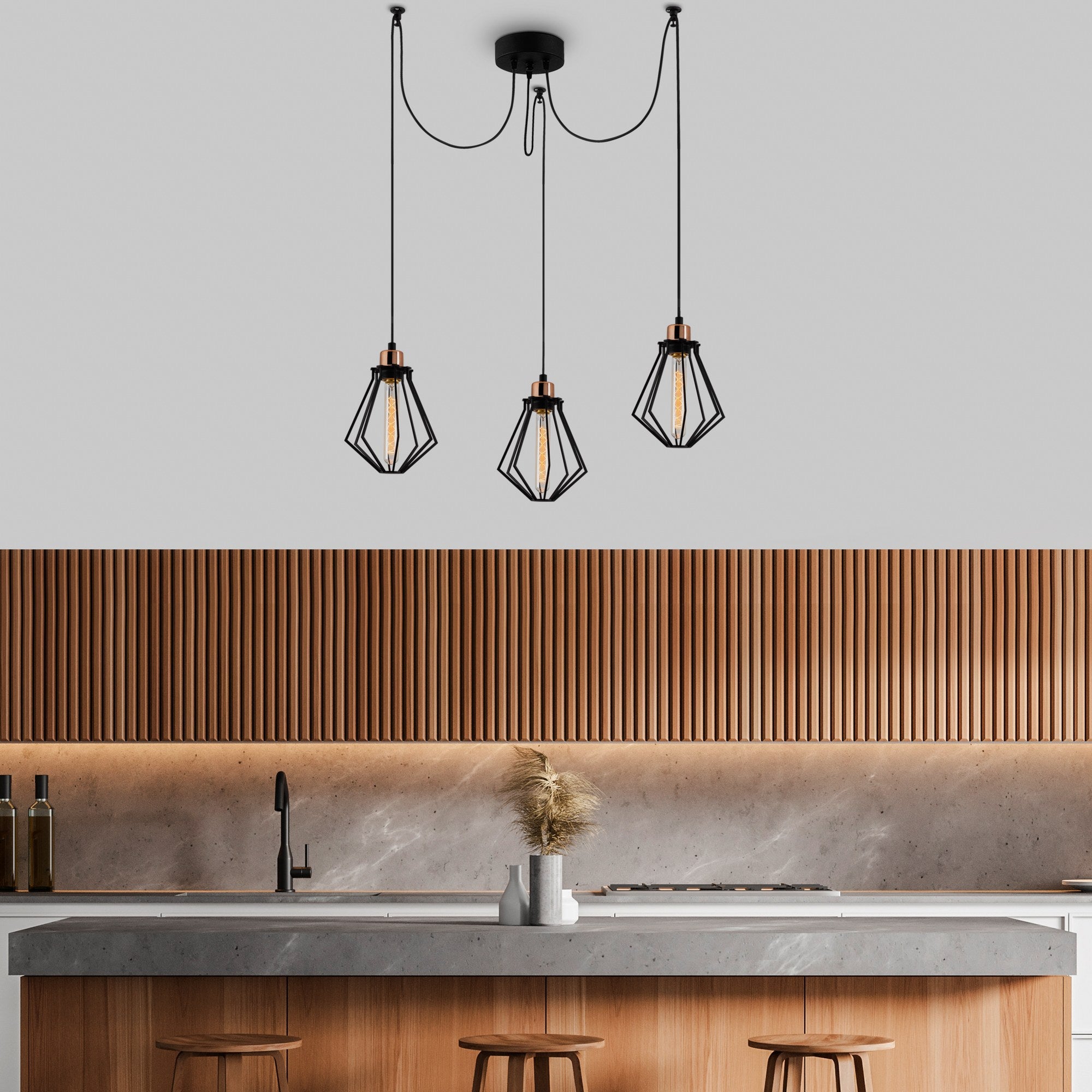 Candeeiro de Teto Industrial Preto, 108 cm de Diâmetro, 110 cm de Altura | Corpo de Metal, 3 Soquetes E27, Cabo de 180 cm | Iluminação Elegante para Espaços Modernos