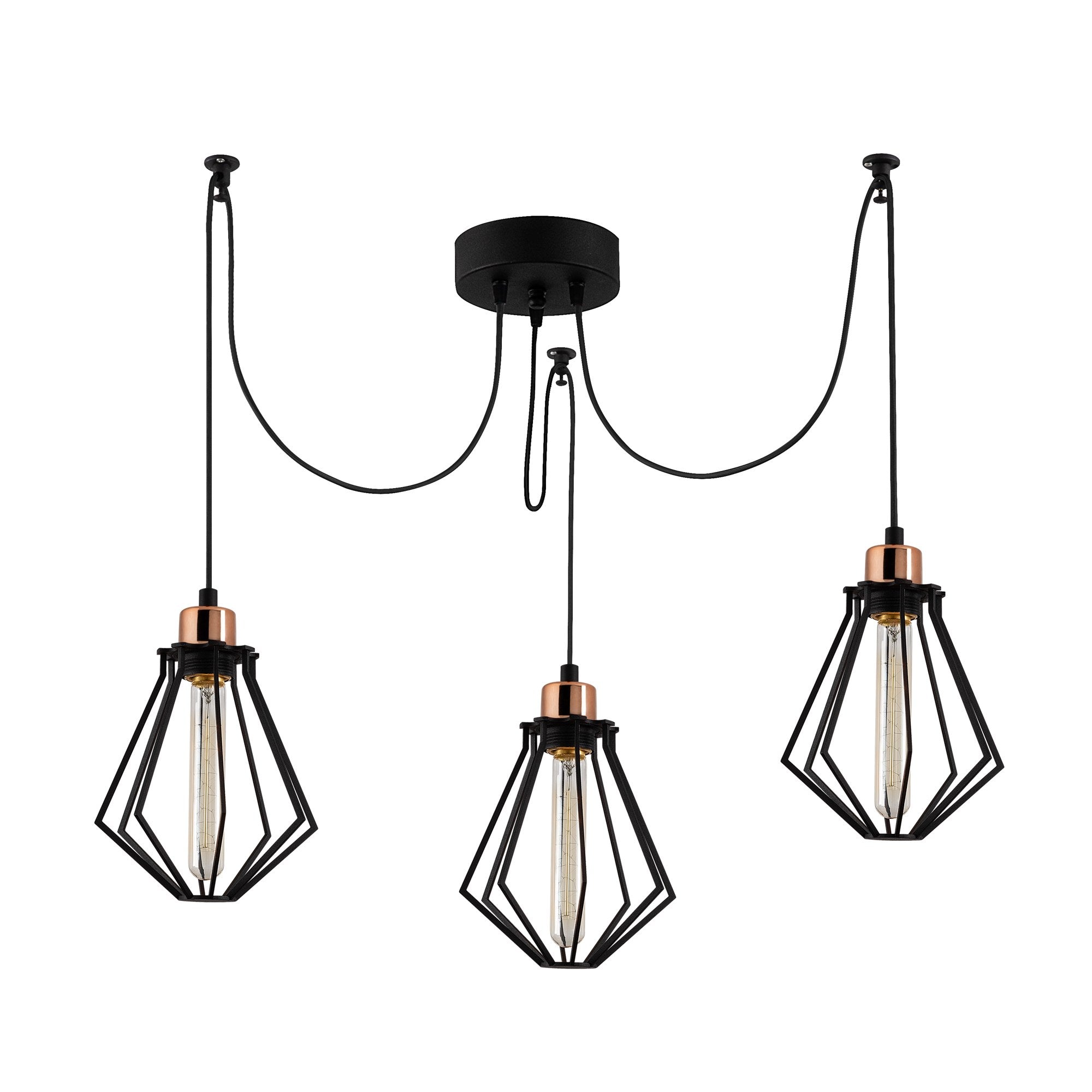 Candeeiro de Teto Industrial Preto, 108 cm de Diâmetro, 110 cm de Altura | Corpo de Metal, 3 Soquetes E27, Cabo de 180 cm | Iluminação Elegante para Espaços Modernos
