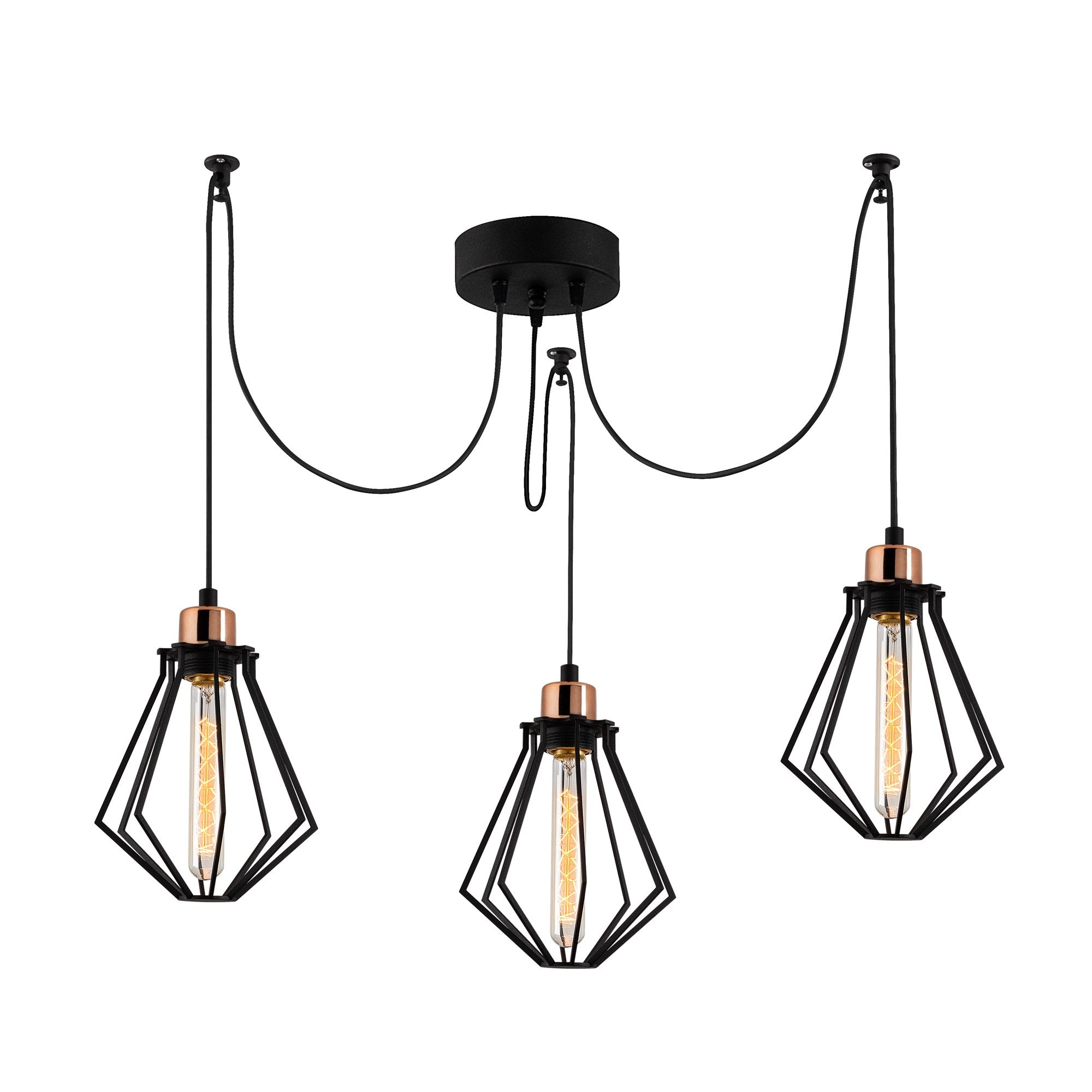 Candeeiro de Teto Industrial Preto, 108 cm de Diâmetro, 110 cm de Altura | Corpo de Metal, 3 Soquetes E27, Cabo de 180 cm | Iluminação Elegante para Espaços Modernos