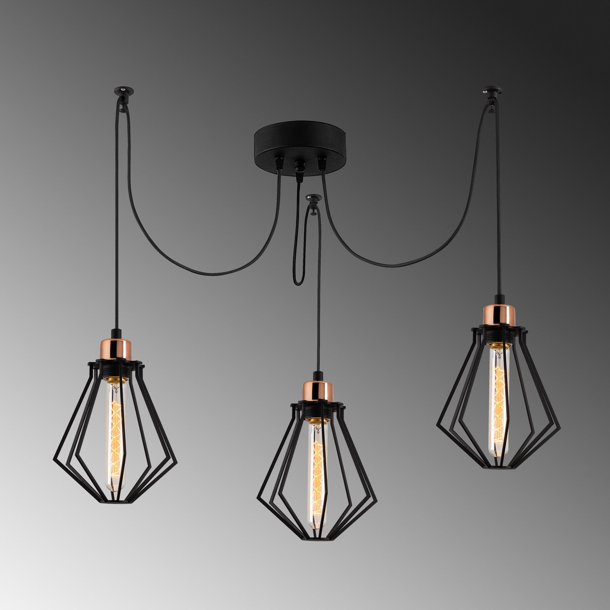 Candeeiro de Teto Industrial Preto, 108 cm de Diâmetro, 110 cm de Altura | Corpo de Metal, 3 Soquetes E27, Cabo de 180 cm | Iluminação Elegante para Espaços Modernos