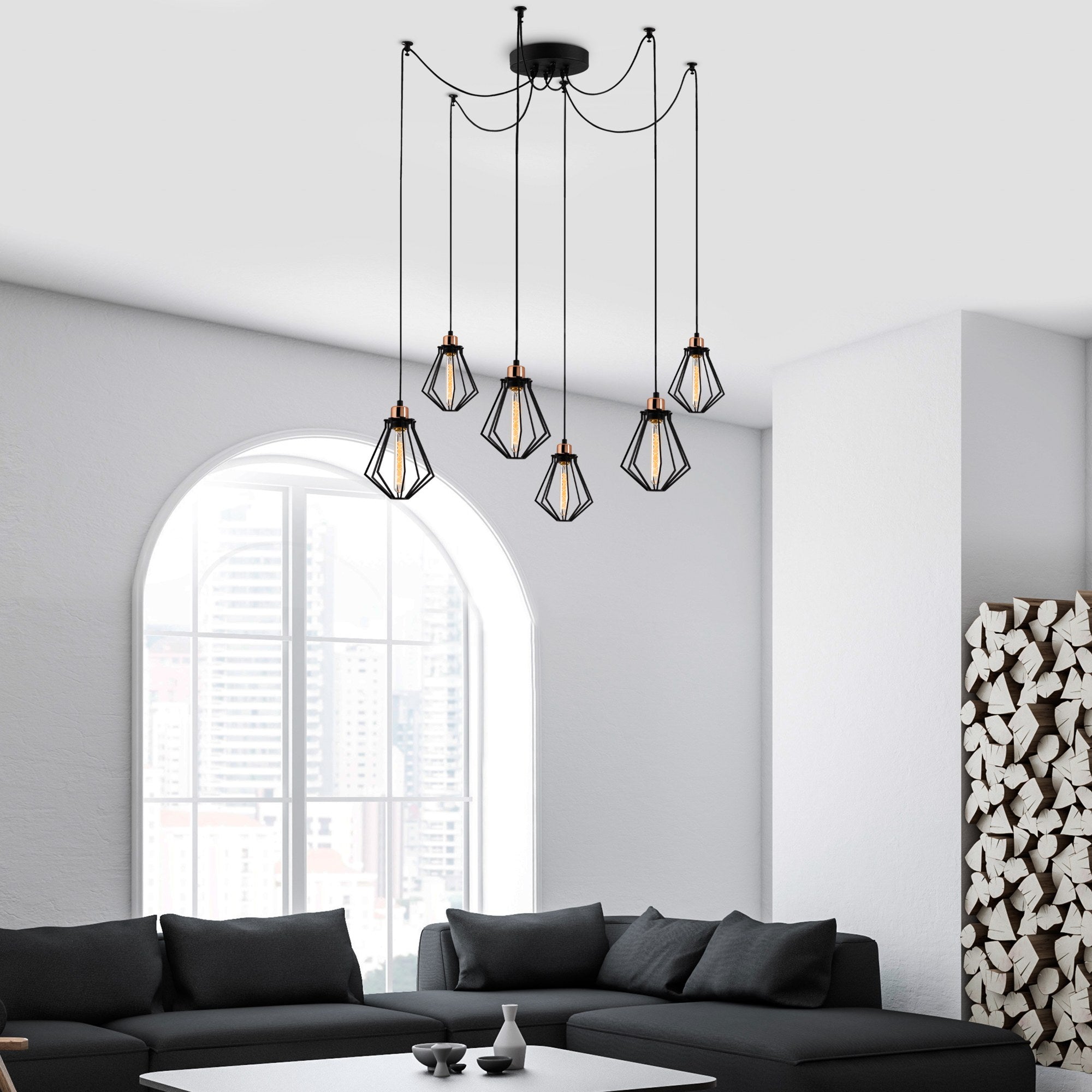 Candeeiro de Teto Industrial Preto, 138 cm de Diâmetro, 110 cm de Altura | Corpo de Ferro, 6 Soquetes E27, Cabo de 180 cm | Iluminação Elegante para Espaços Modernos