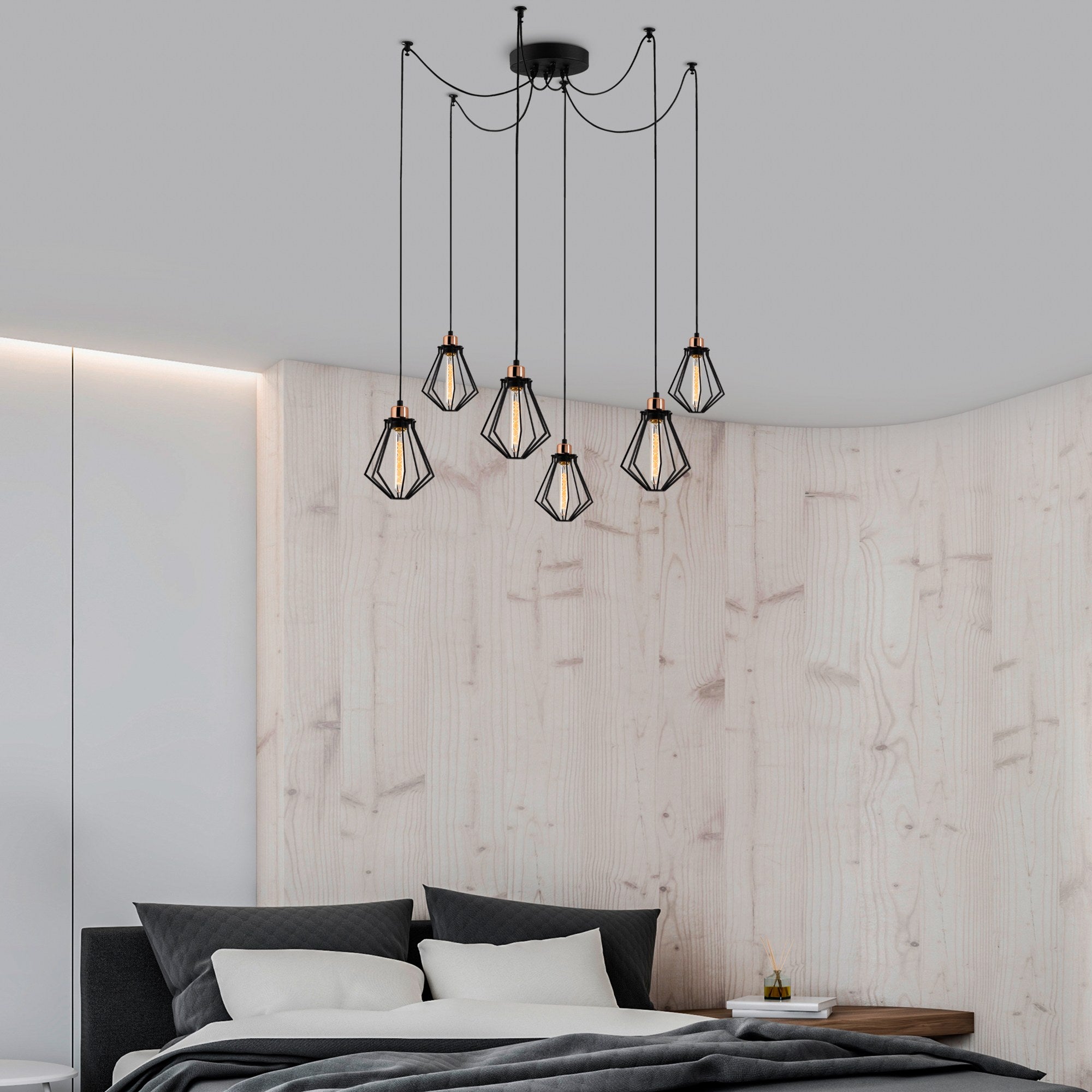 Candeeiro de Teto Industrial Preto, 138 cm de Diâmetro, 110 cm de Altura | Corpo de Ferro, 6 Soquetes E27, Cabo de 180 cm | Iluminação Elegante para Espaços Modernos