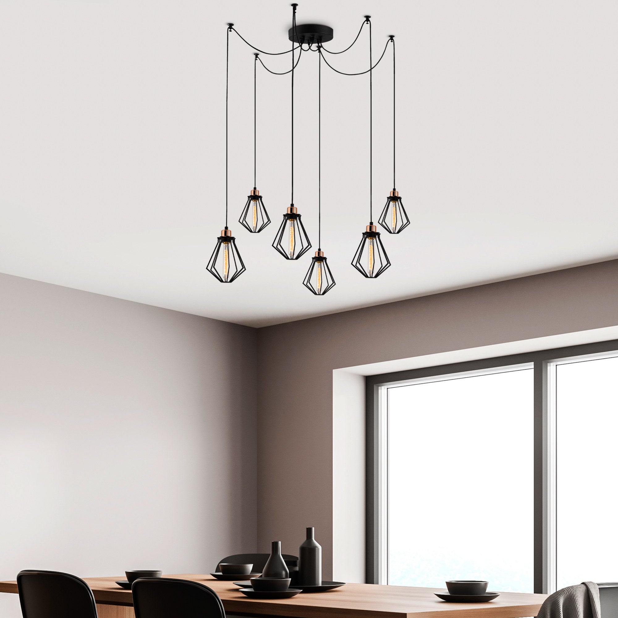 Candeeiro de Teto Industrial Preto, 138 cm de Diâmetro, 110 cm de Altura | Corpo de Ferro, 6 Soquetes E27, Cabo de 180 cm | Iluminação Elegante para Espaços Modernos