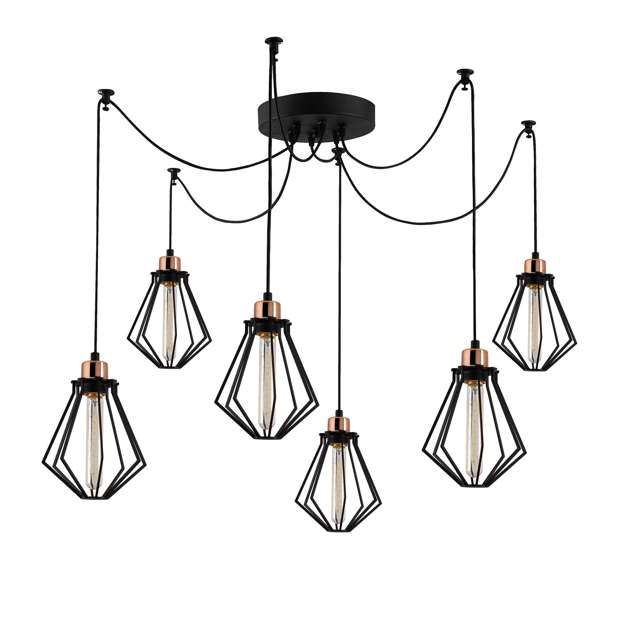 Candeeiro de Teto Industrial Preto, 138 cm de Diâmetro, 110 cm de Altura | Corpo de Ferro, 6 Soquetes E27, Cabo de 180 cm | Iluminação Elegante para Espaços Modernos