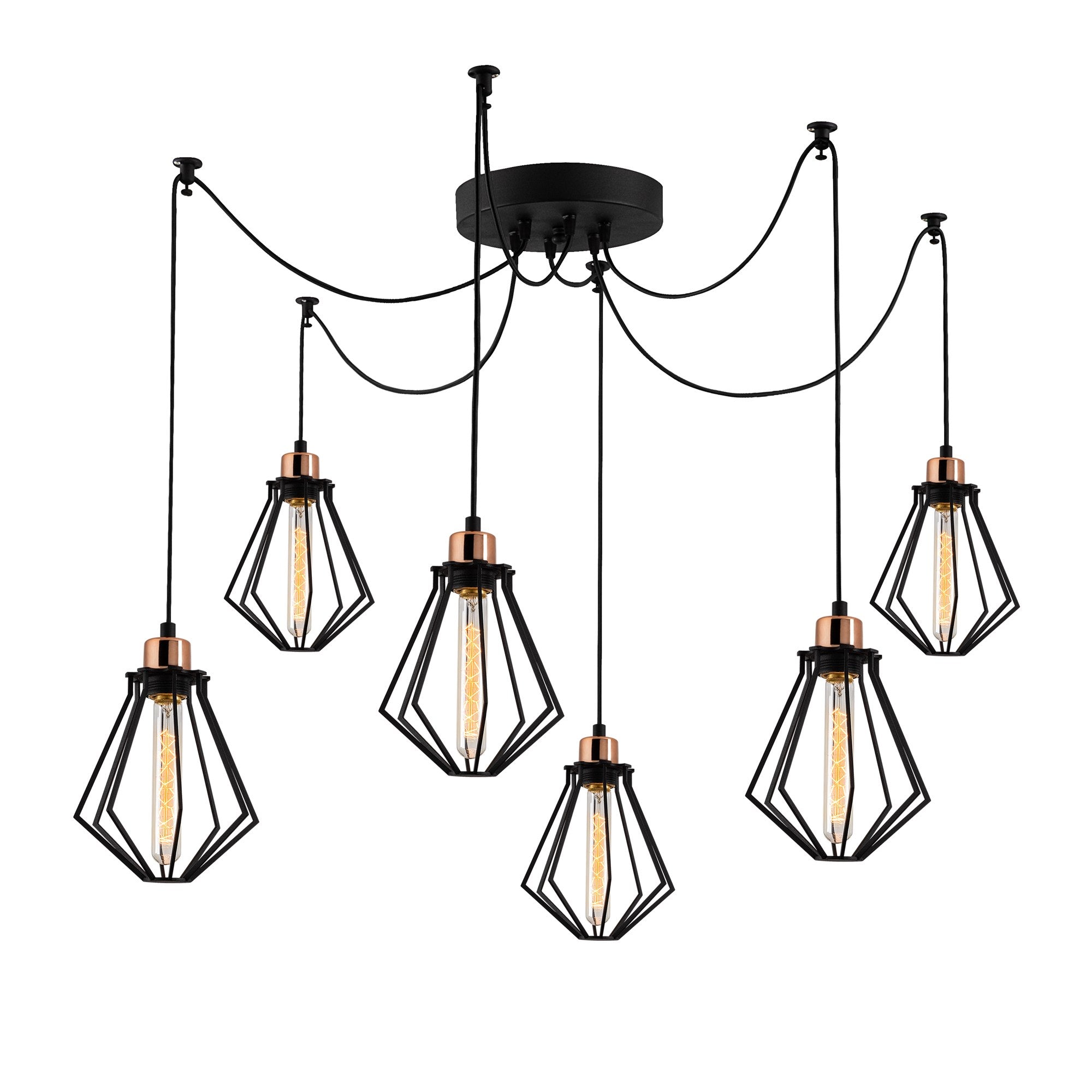 Candeeiro de Teto Industrial Preto, 138 cm de Diâmetro, 110 cm de Altura | Corpo de Ferro, 6 Soquetes E27, Cabo de 180 cm | Iluminação Elegante para Espaços Modernos