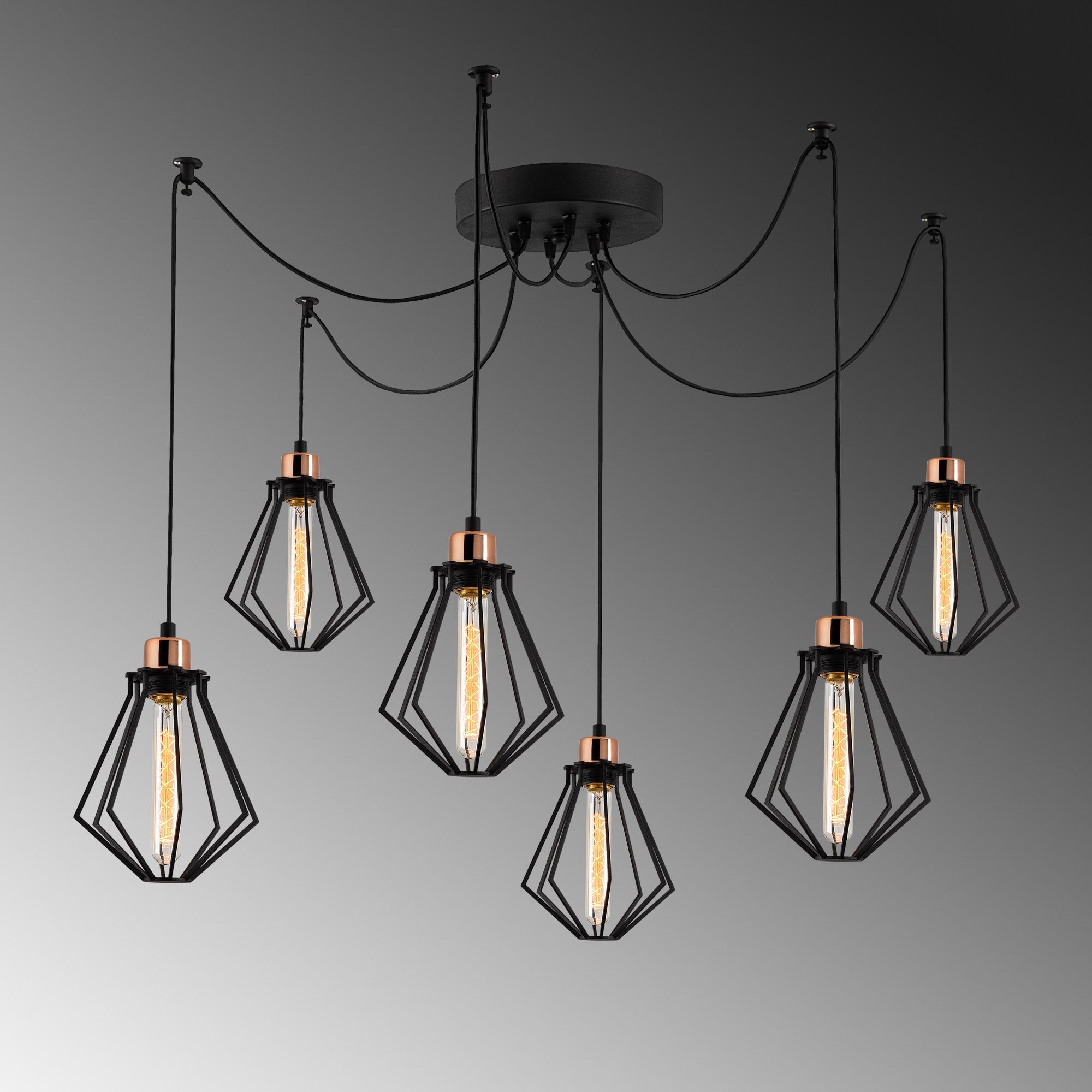 Candeeiro de Teto Industrial Preto, 138 cm de Diâmetro, 110 cm de Altura | Corpo de Ferro, 6 Soquetes E27, Cabo de 180 cm | Iluminação Elegante para Espaços Modernos