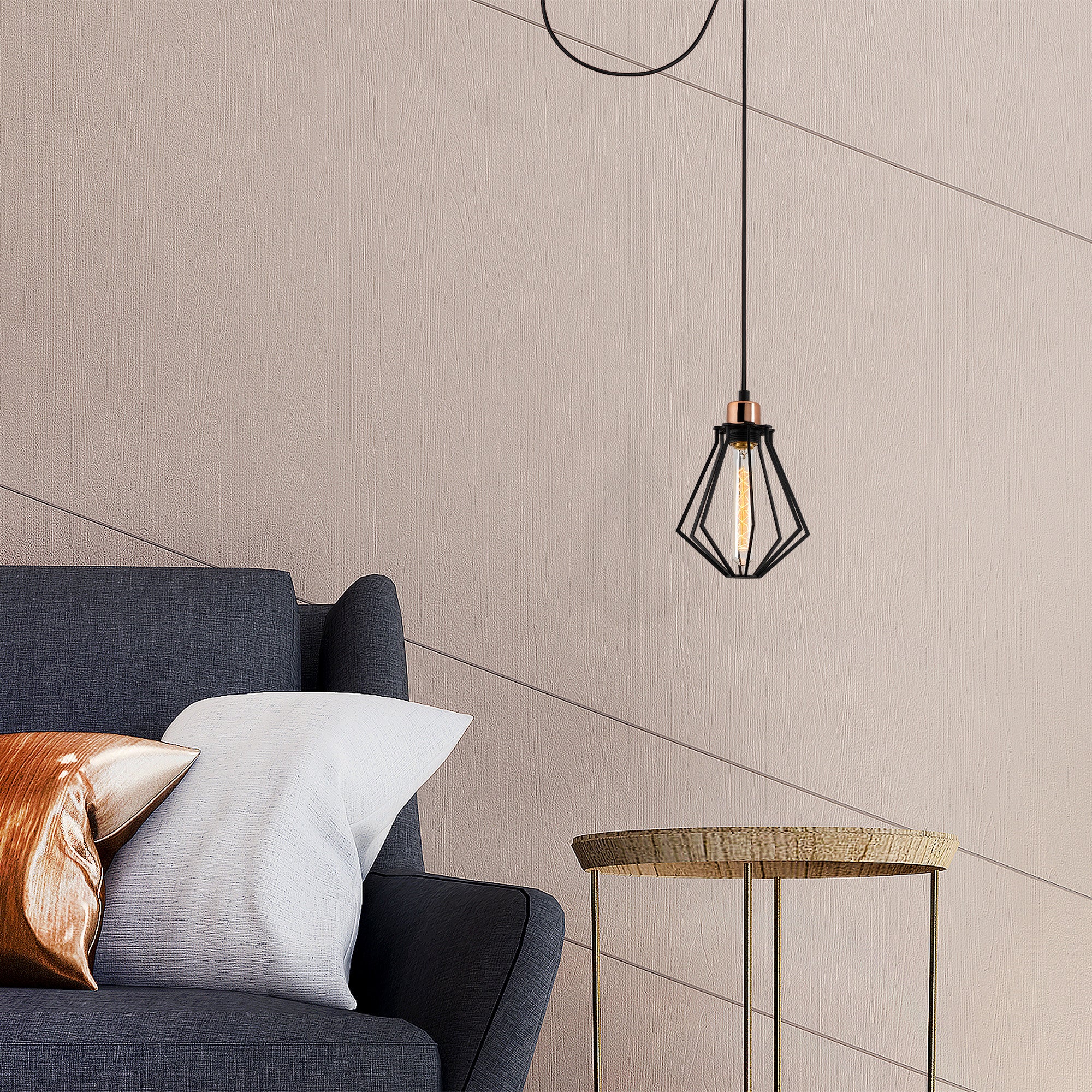Candeeiro de Teto Industrial Moderno, Preto e Bronze, 54 cm de Diâmetro, 114 cm de Altura | Soquete E27, 40 W Máx., Cabo de 180 cm | Iluminação Elegante para Casa e Escritório