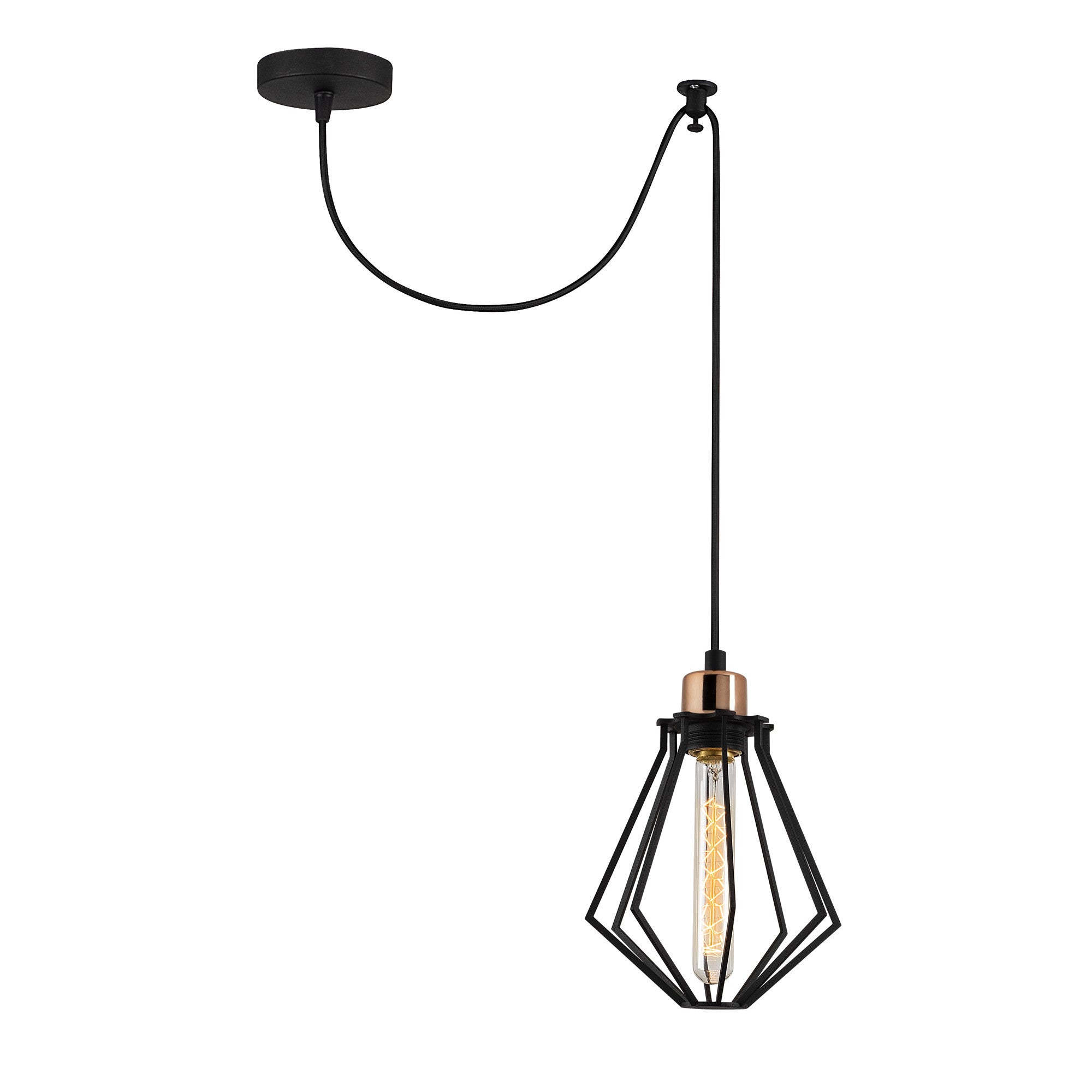 Candeeiro de Teto Industrial Moderno, Preto e Bronze, 54 cm de Diâmetro, 114 cm de Altura | Soquete E27, 40 W Máx., Cabo de 180 cm | Iluminação Elegante para Casa e Escritório
