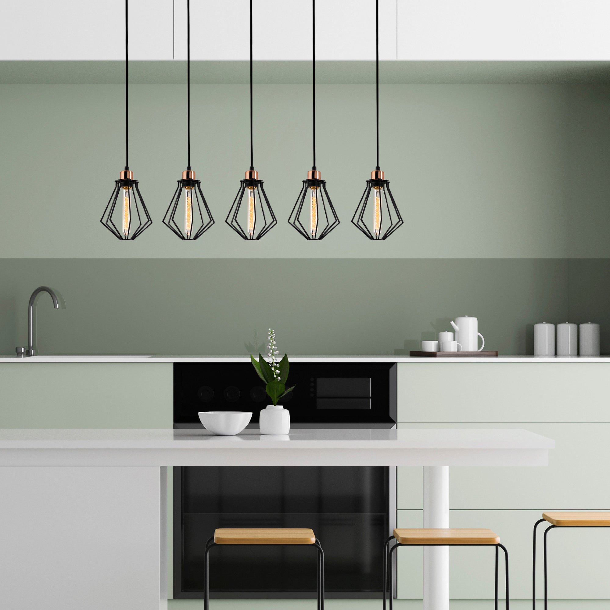 Candeeiro de Teto Industrial Moderno, Preto e Bronze, 88 x 18 cm | Corpo em Metal, 5 x E27 máx. 40 W | Altura: 112 cm, Design Elegante para Casa e Escritório