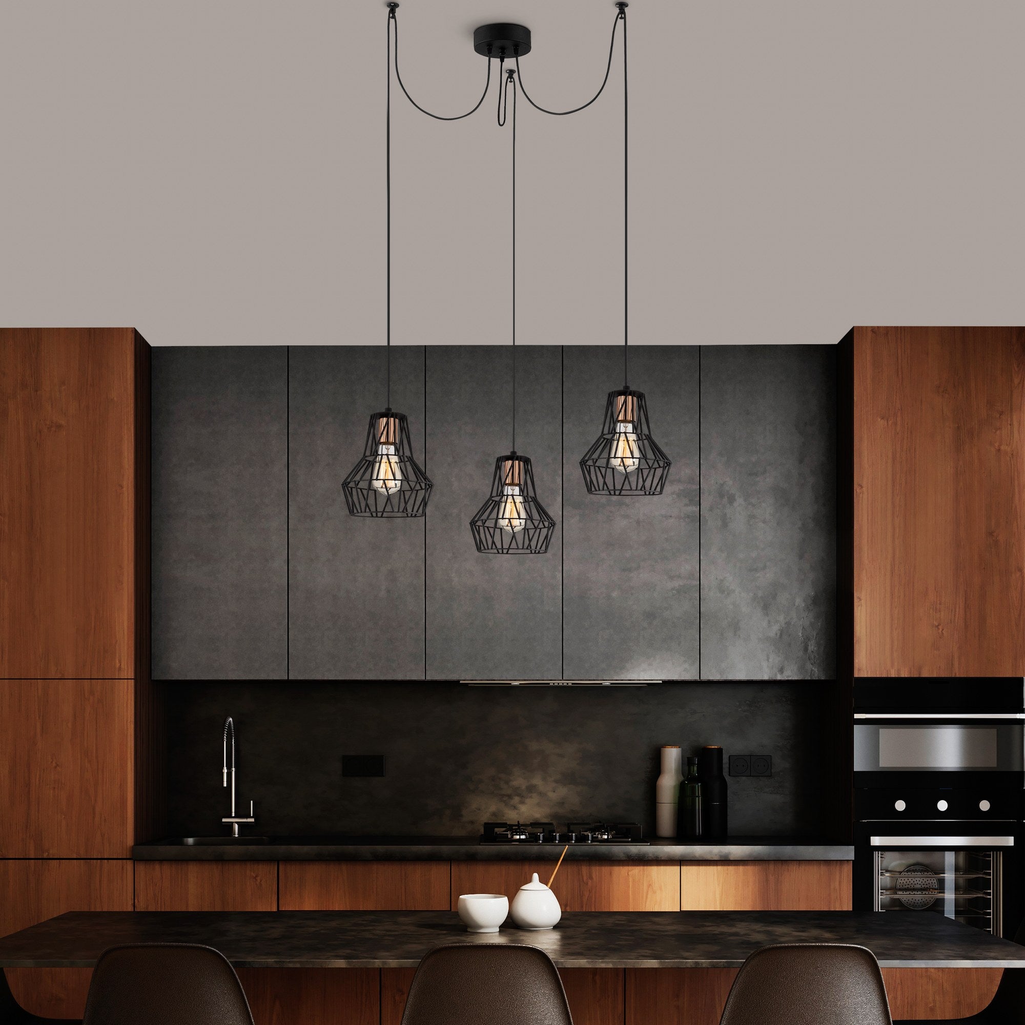 Candeeiro de Teto Industrial Preto, 110 cm de Diâmetro, 113 cm de Altura | Corpo de Metal, 3 Soquetes E27, Cabo de 180 cm | Iluminação Elegante para Espaços Modernos