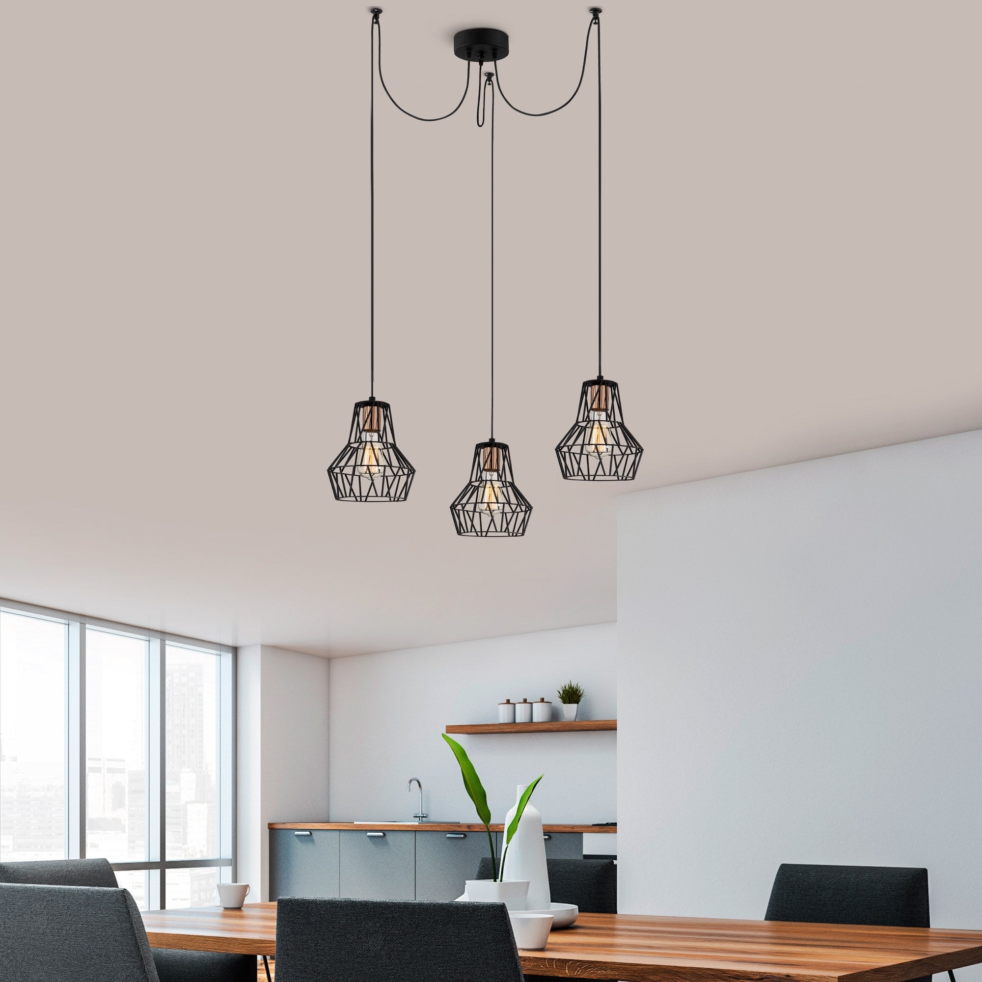 Candeeiro de Teto Industrial Preto, 110 cm de Diâmetro, 113 cm de Altura | Corpo de Metal, 3 Soquetes E27, Cabo de 180 cm | Iluminação Elegante para Espaços Modernos